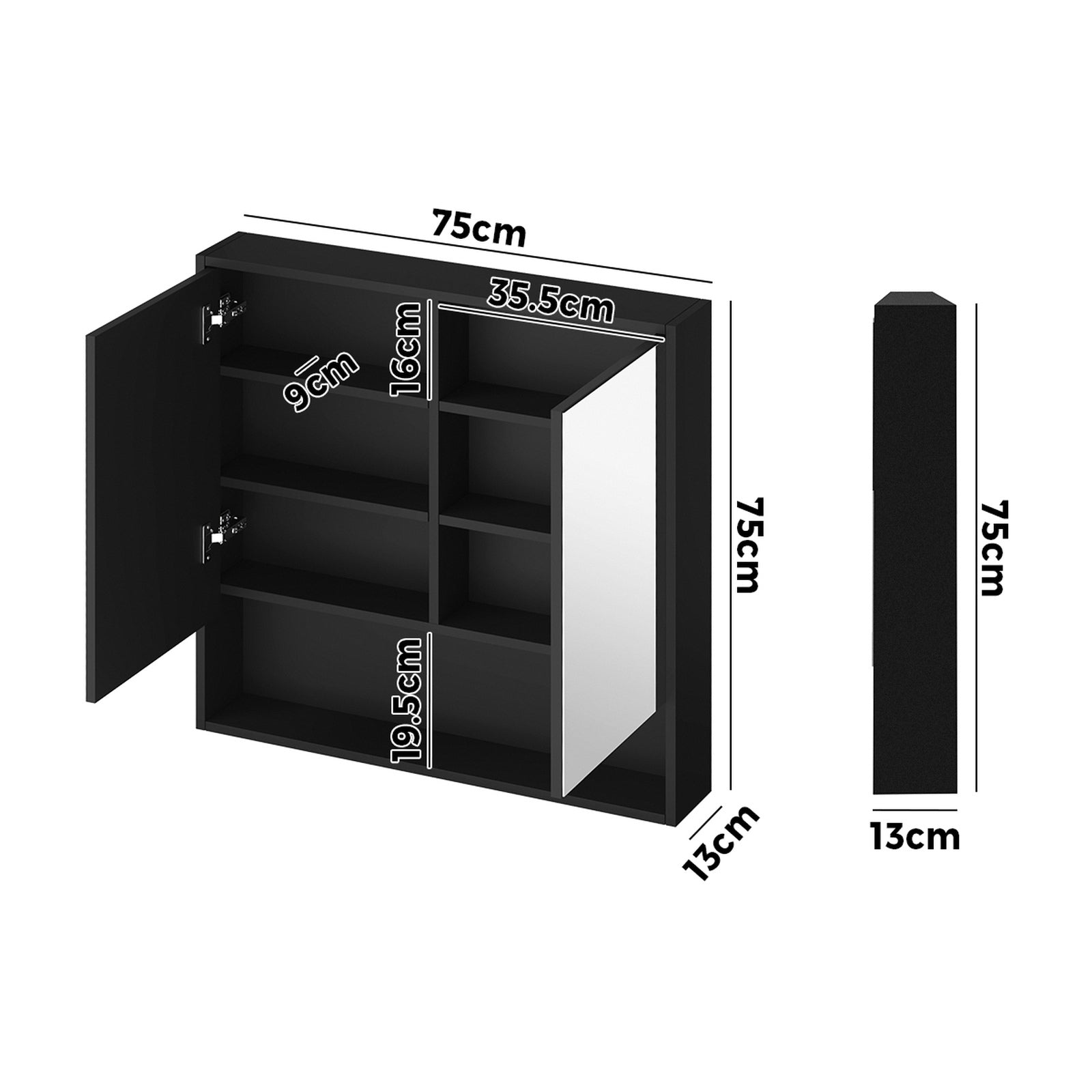 Welba Bathroom Mirror Cabinet LED Medicine Shaving Wall Storage 750x750mm Black - Sunyee