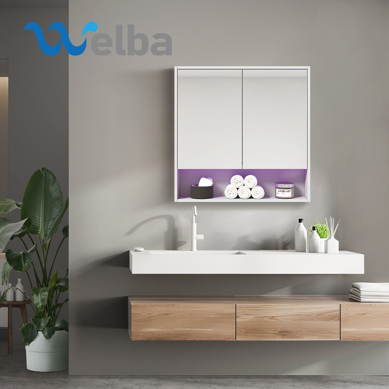 Welba Bathroom Mirror Cabinet LED Light Medicine Shaving Wall Storage 750x750mm - Sunyee