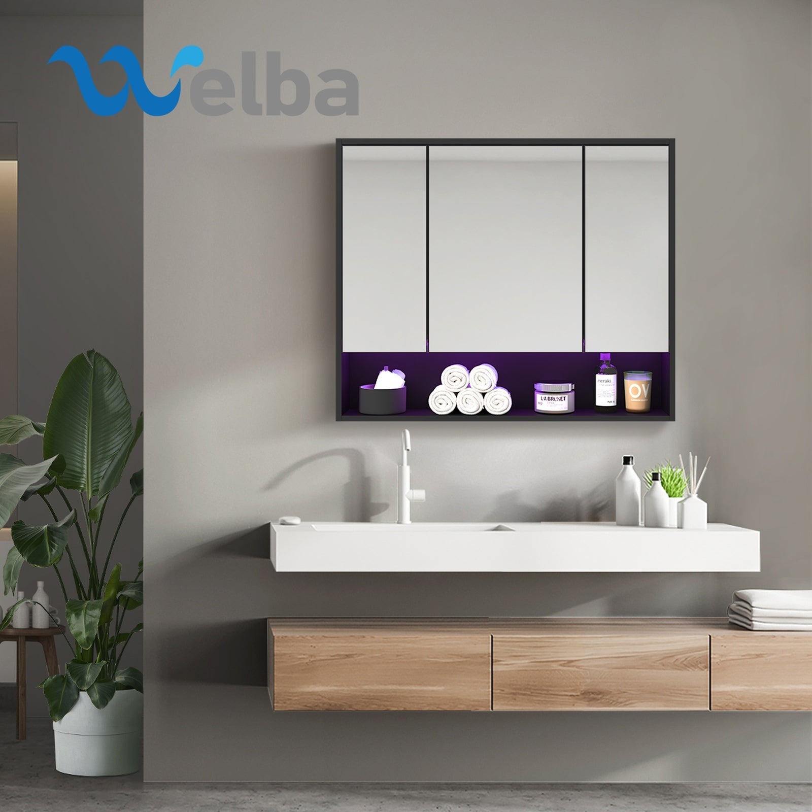 Welba Bathroom Mirror Cabinet LED Medicine Shaving Wall Storage 900x750mm Black - Sunyee