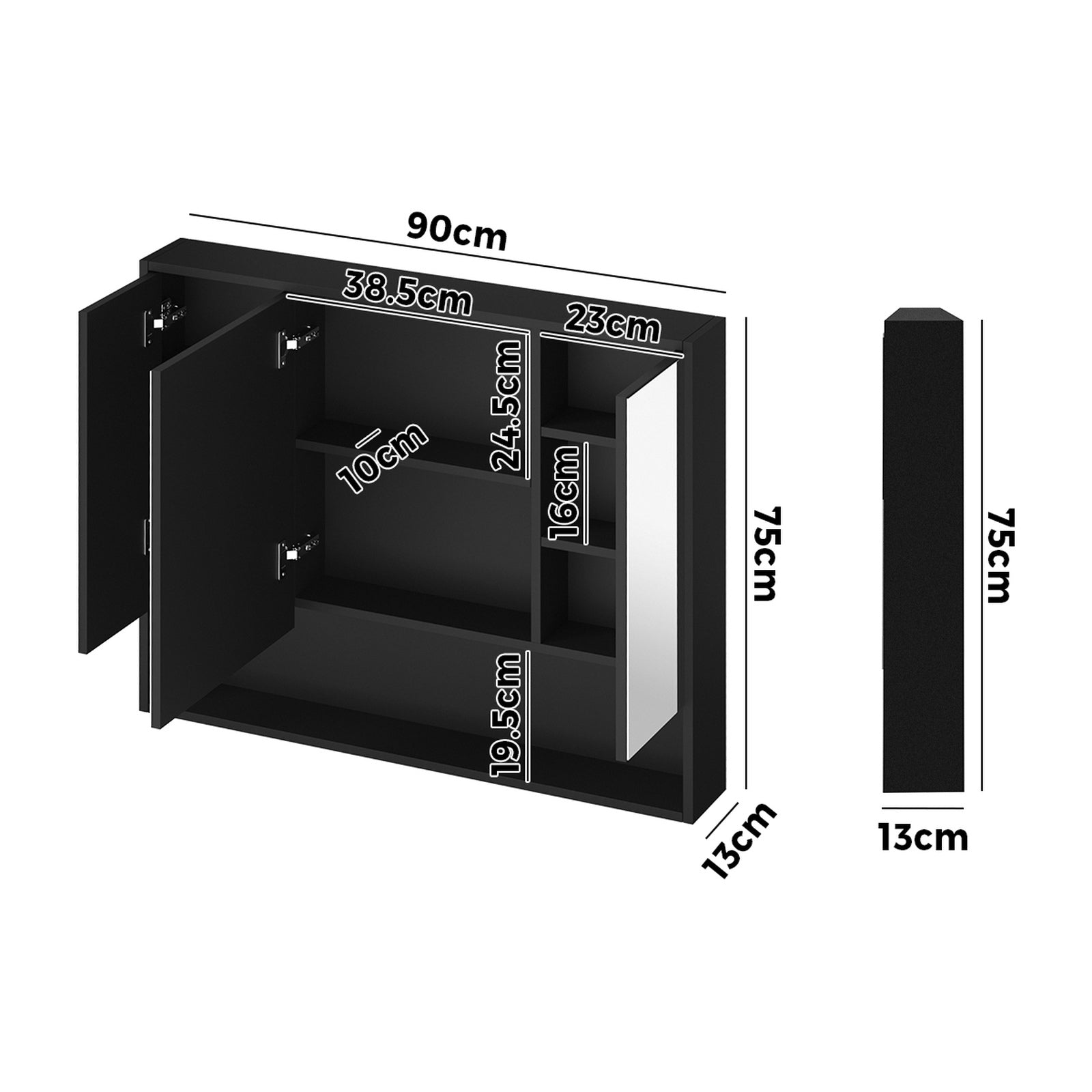 Welba Bathroom Mirror Cabinet LED Medicine Shaving Wall Storage 900x750mm Black - Sunyee