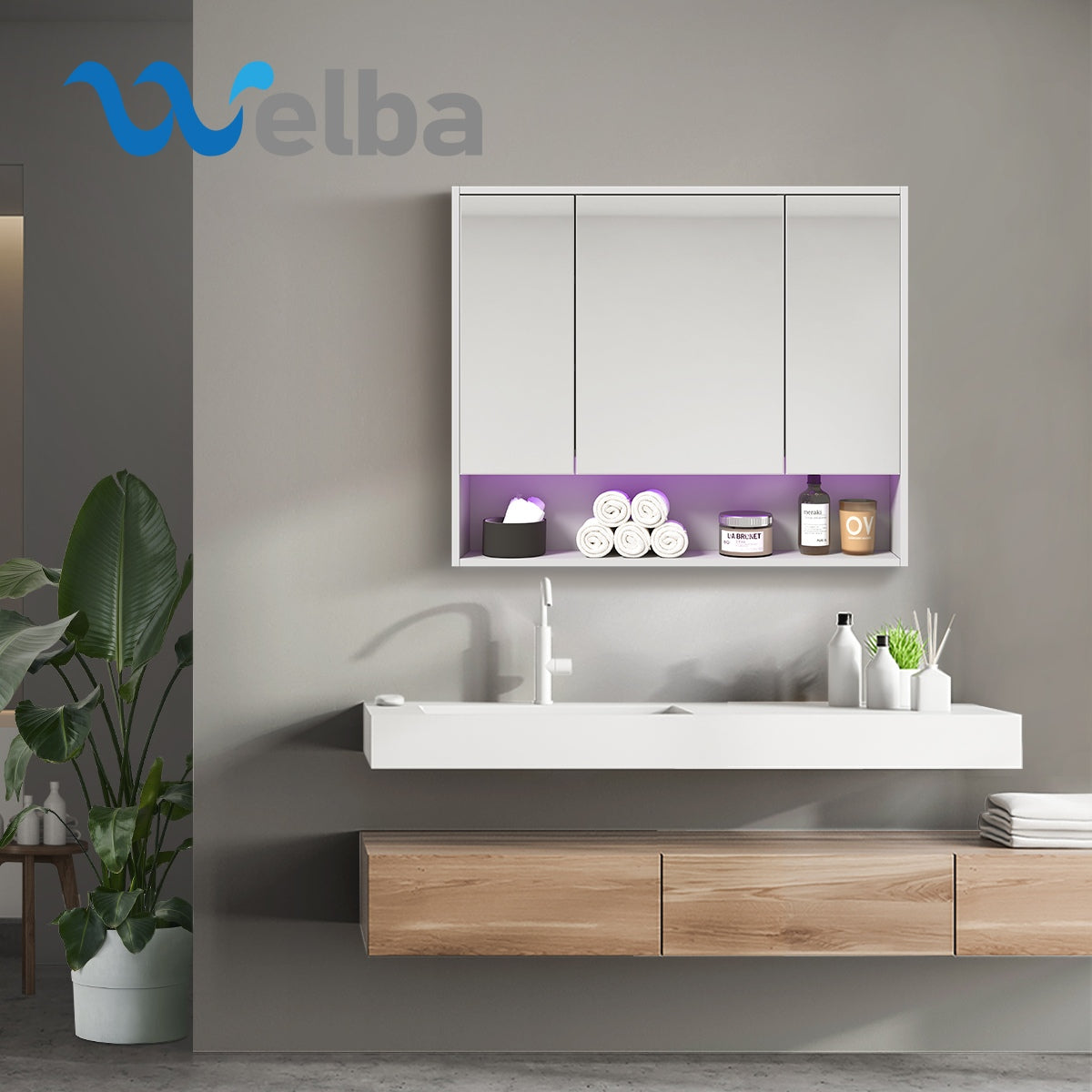 Welba Bathroom Mirror Cabinet LED Light Medicine Shaving Wall Storage 900x750mm - Sunyee