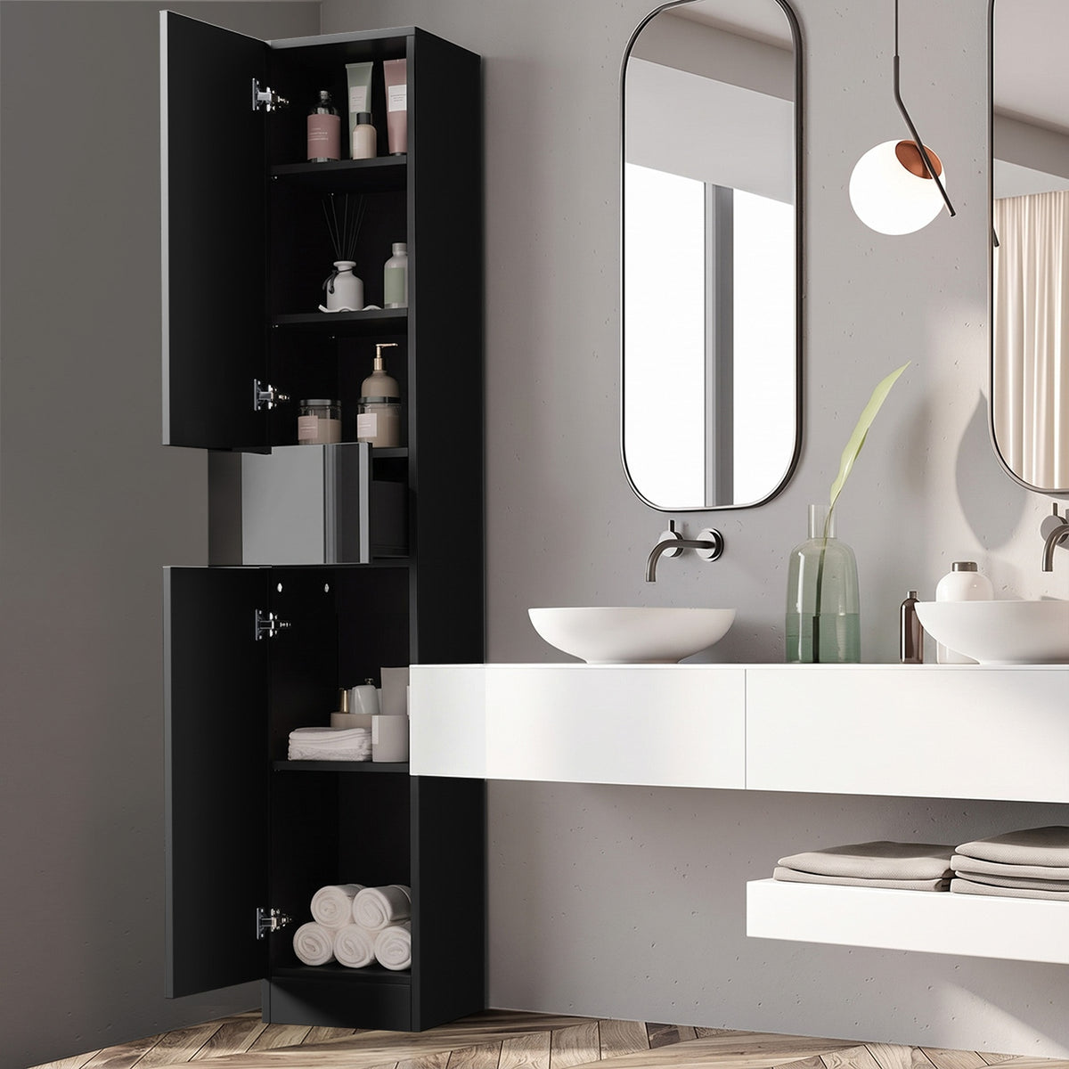Oikiture Tall Bathroom Cabinet Storage Laundry Slim Toilet Floor Cupboard Black - Sunyee