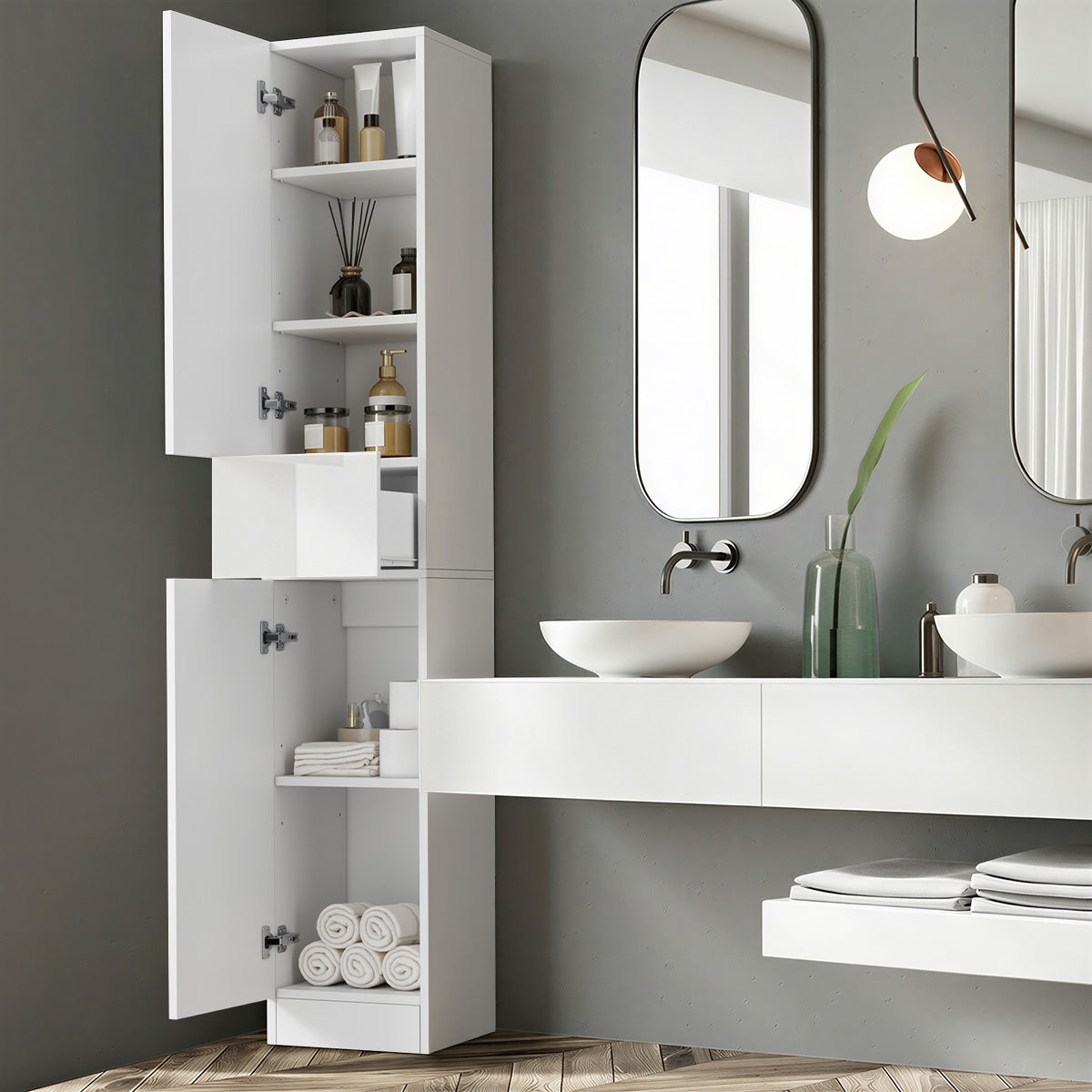 Oikiture Tall Bathroom Cabinet Storage Laundry Slim Toilet Floor Cupboard White - Sunyee