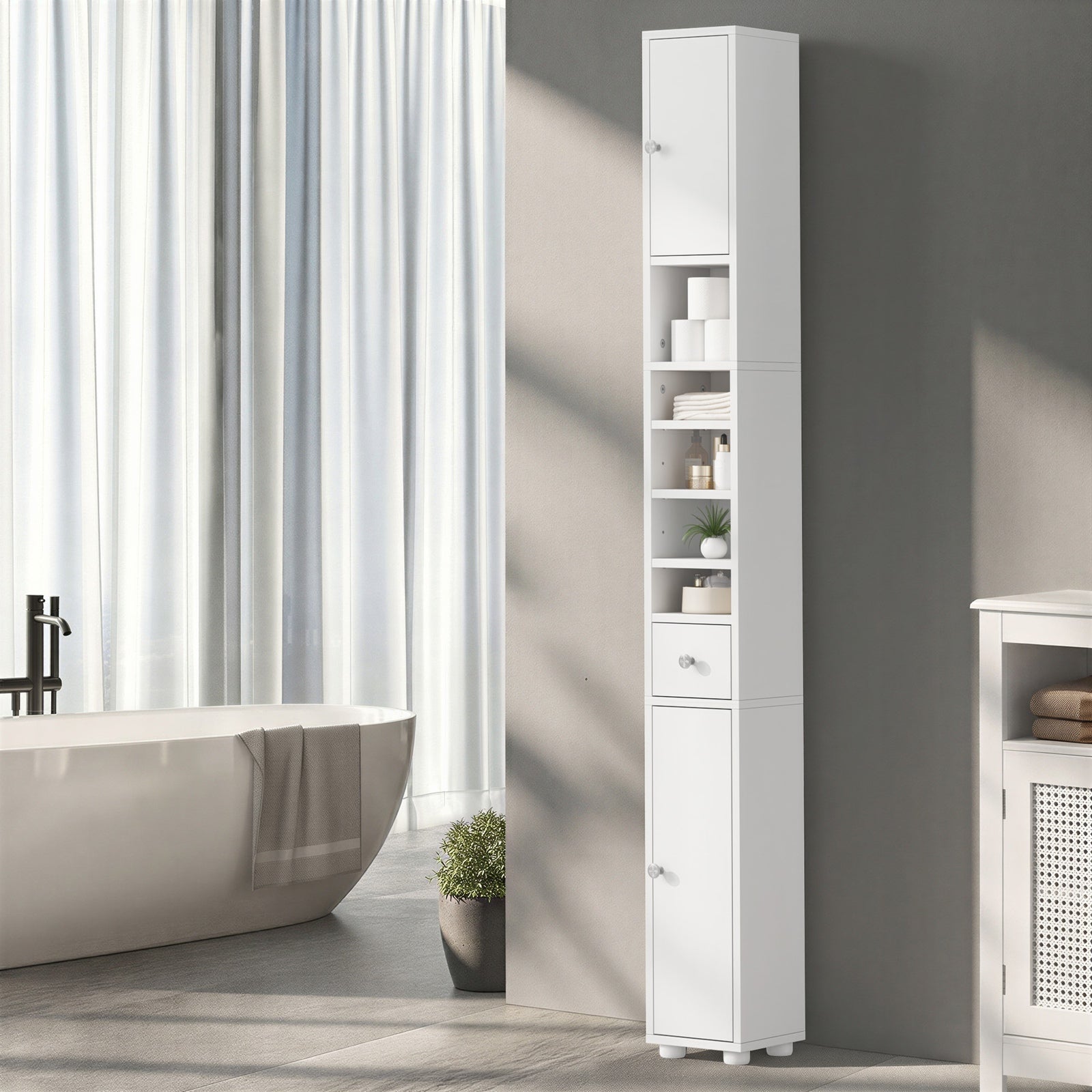 Oikiture Tall Bathroom Storage Cabinet Shelf Drawer Tallboy Cupboard White