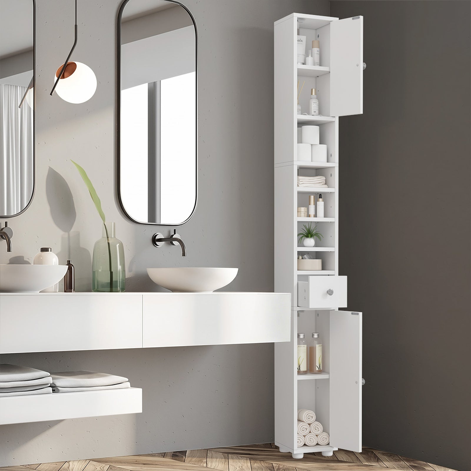 Oikiture Tall Bathroom Storage Cabinet Shelf Drawer Tallboy Cupboard White