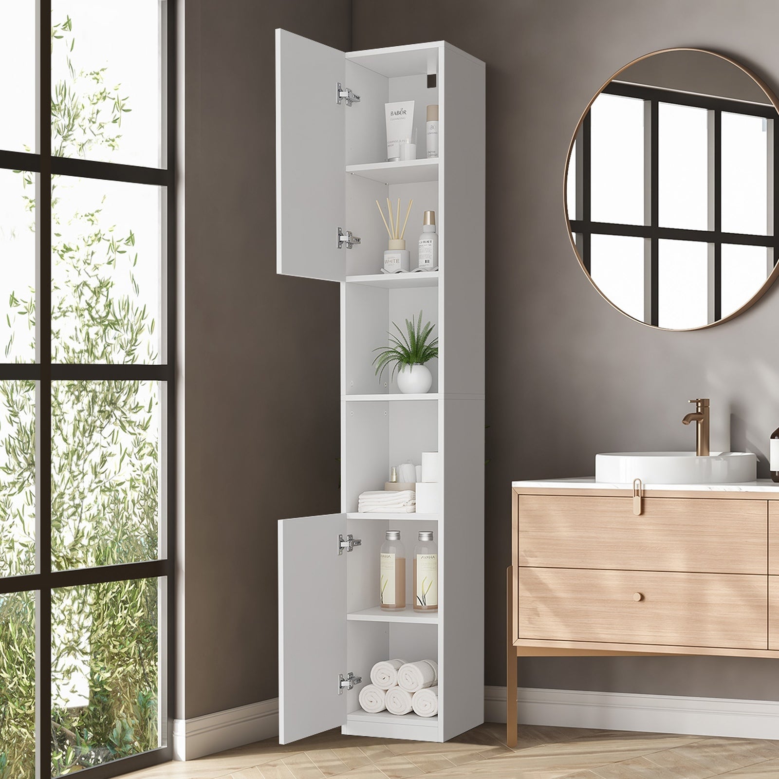 Oikiture Bathroom Cabinet Storage High Gloss Tall Cupboard Toilet Shelf White