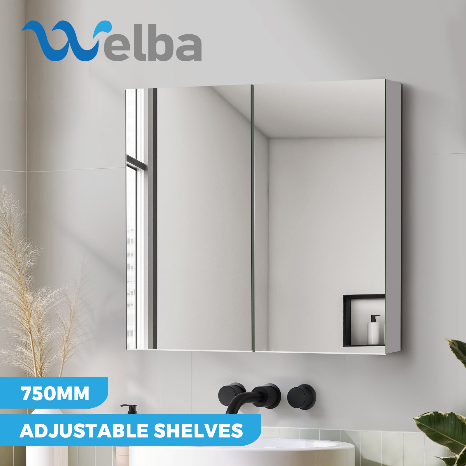 Welba Bathroom Mirror Cabinet Vanity Medicine Wall Storage 600/750/900/1200mm - Sunyee