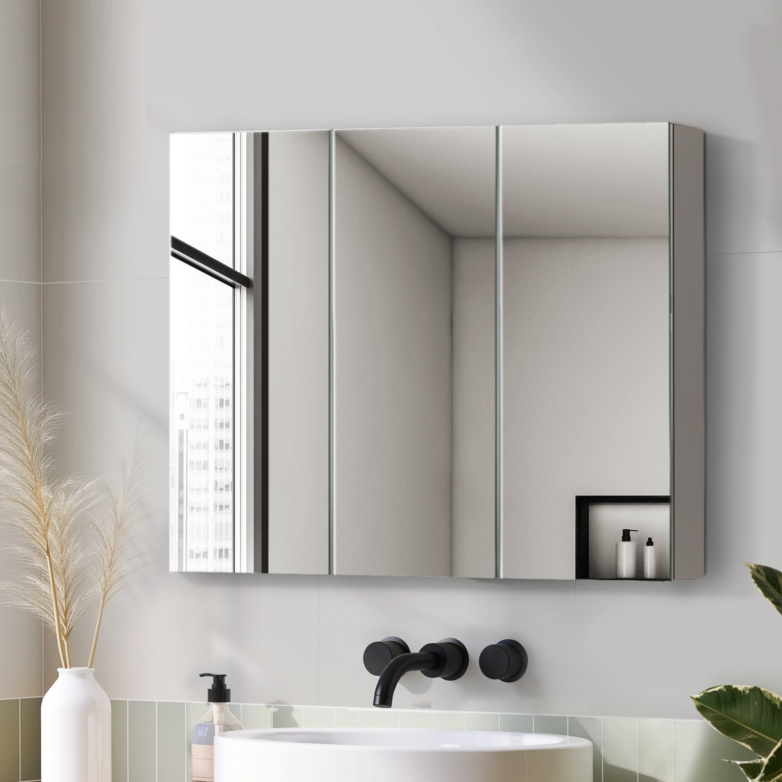 Welba Bathroom Mirror Cabinet Vanity Medicine Wall Storage White 900mm x 720mm - Sunyee