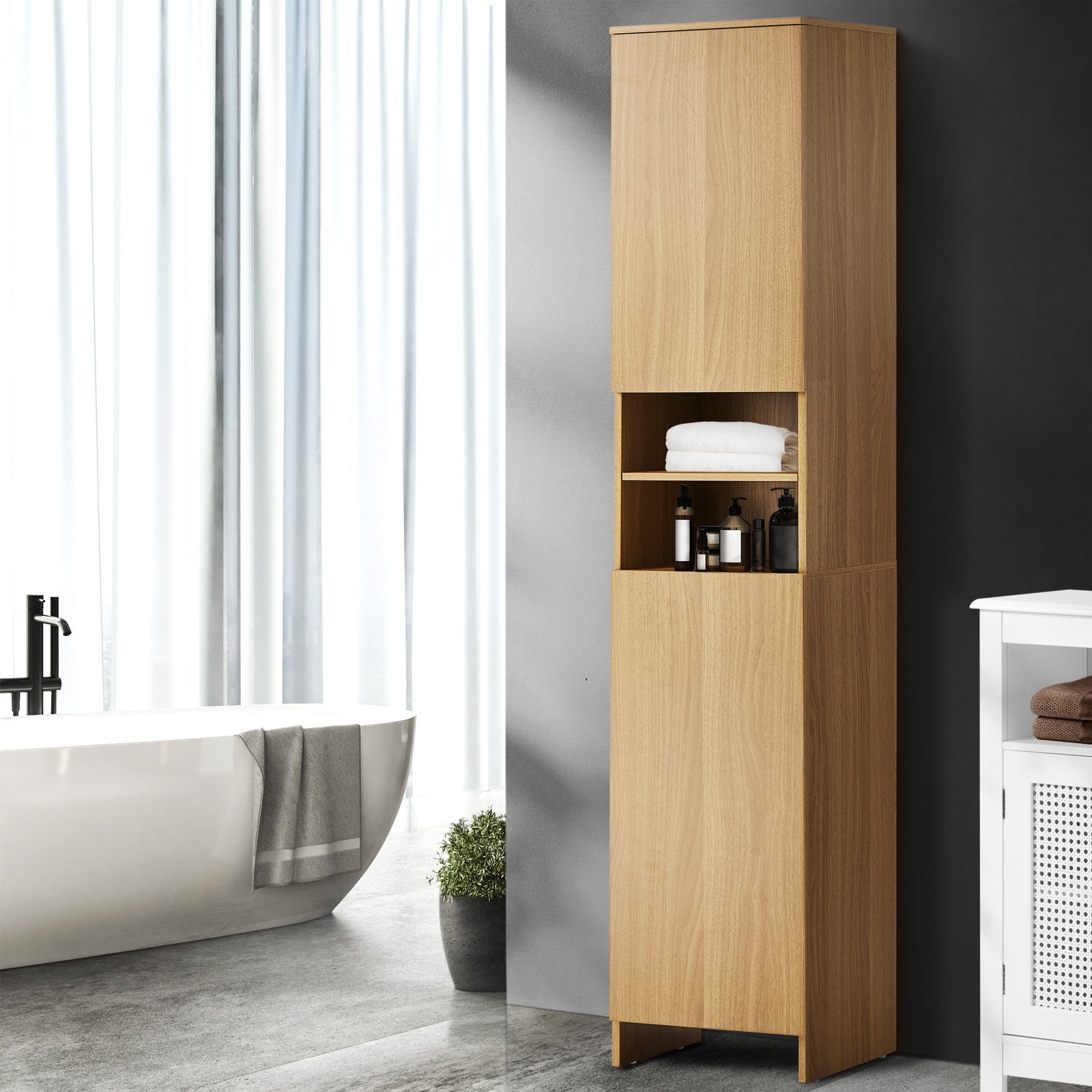 Oikiture Bathroom Cabinet Storage Laundry Tall Slim Floor Cupboard Natural - Sunyee