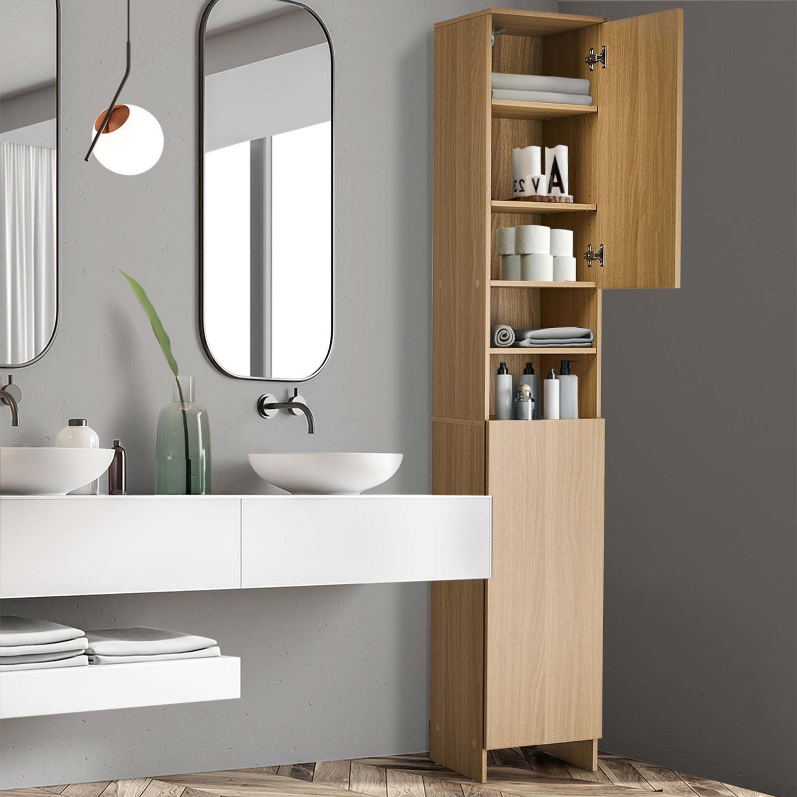Oikiture Bathroom Cabinet Storage Laundry Tall Slim Floor Cupboard Natural - Sunyee