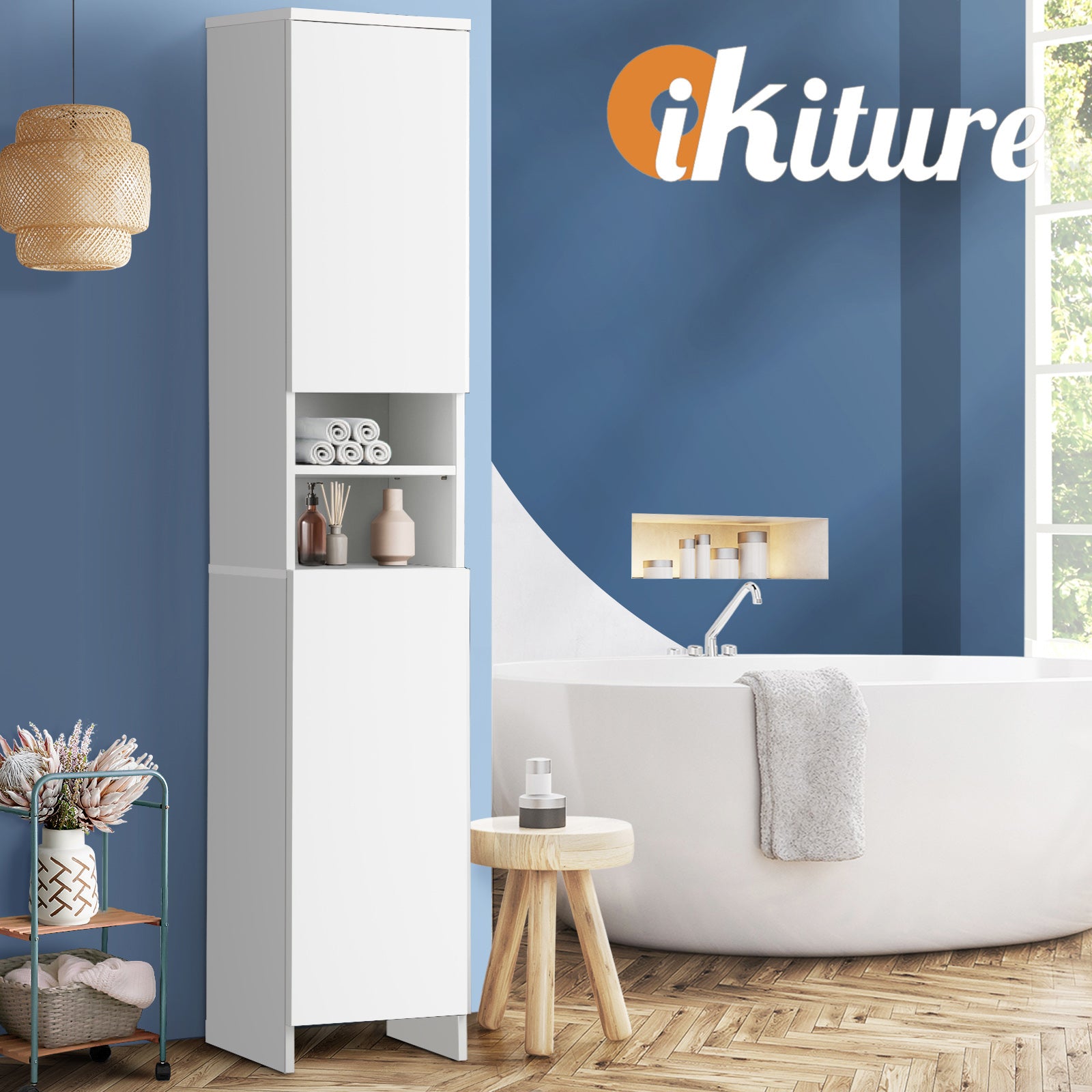 Oikiture Bathroom Cabinet Storage Laundry Tall Slim Toilet Floor Cupboard White - Sunyee