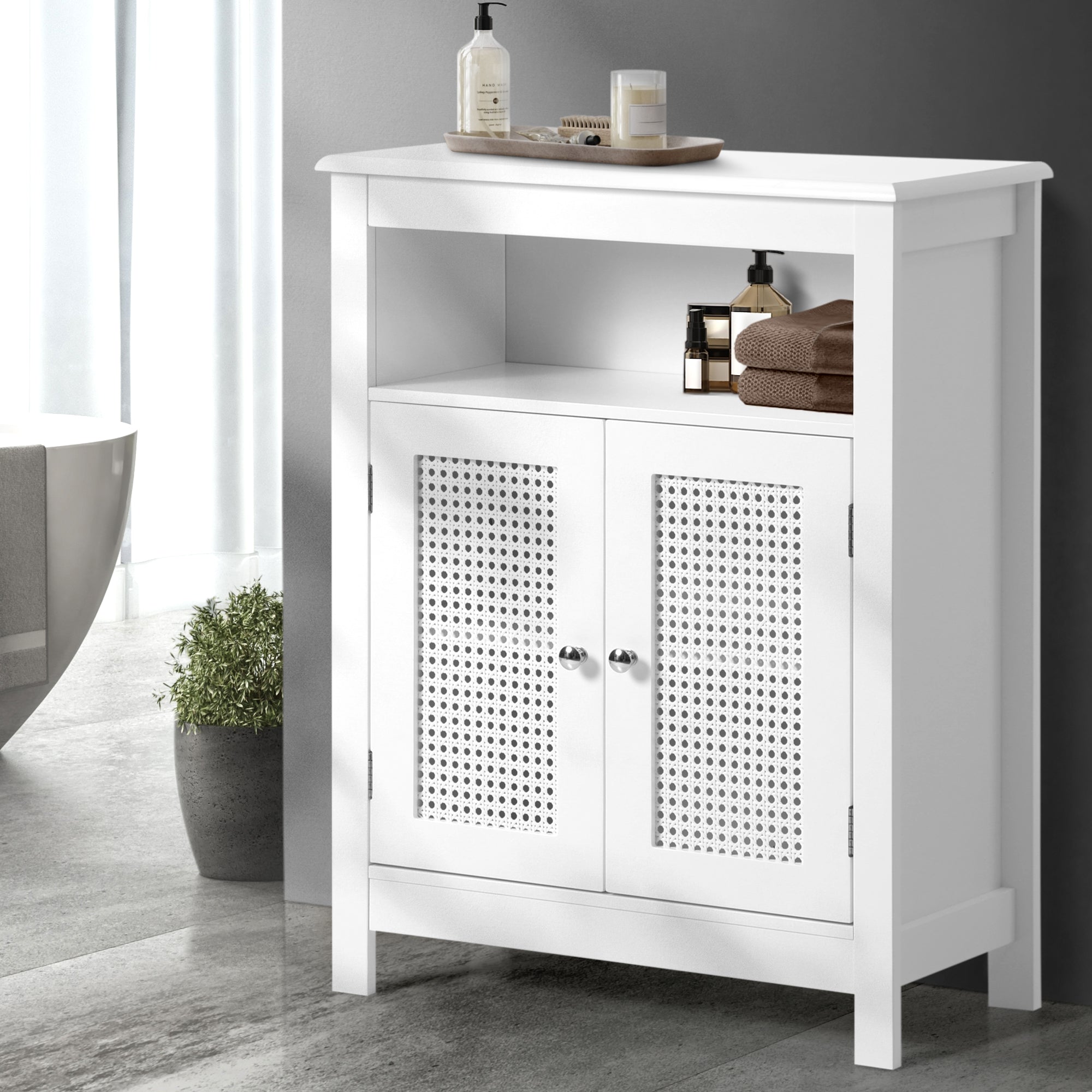 Oikiture Bathroom Cabinet Floor Cupboard Laundry Storage Rattan Door White - Sunyee