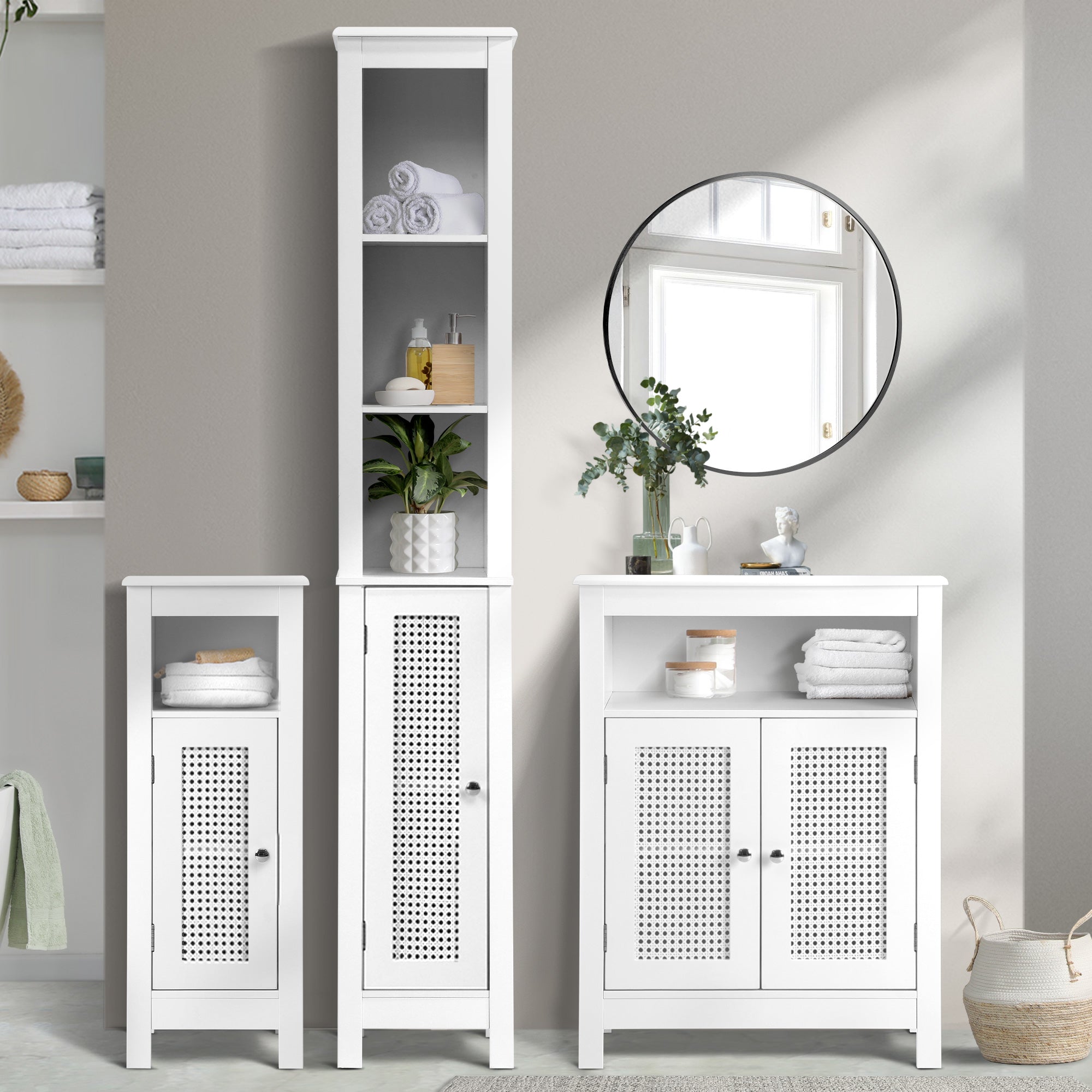 Oikiture Bathroom Cabinet Floor Cupboard Laundry Storage Rattan Door White - Sunyee