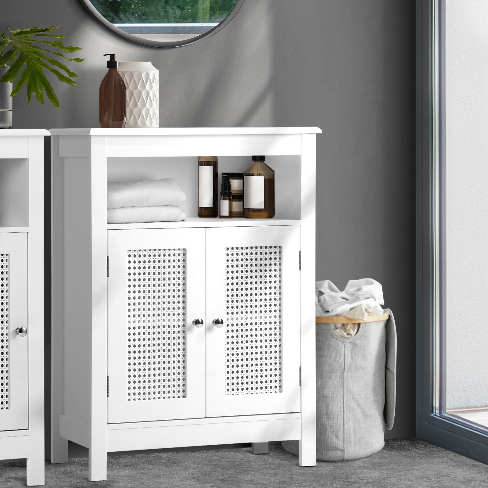 Oikiture Bathroom Cabinet Floor Cupboard Laundry Storage Rattan Door White - Sunyee