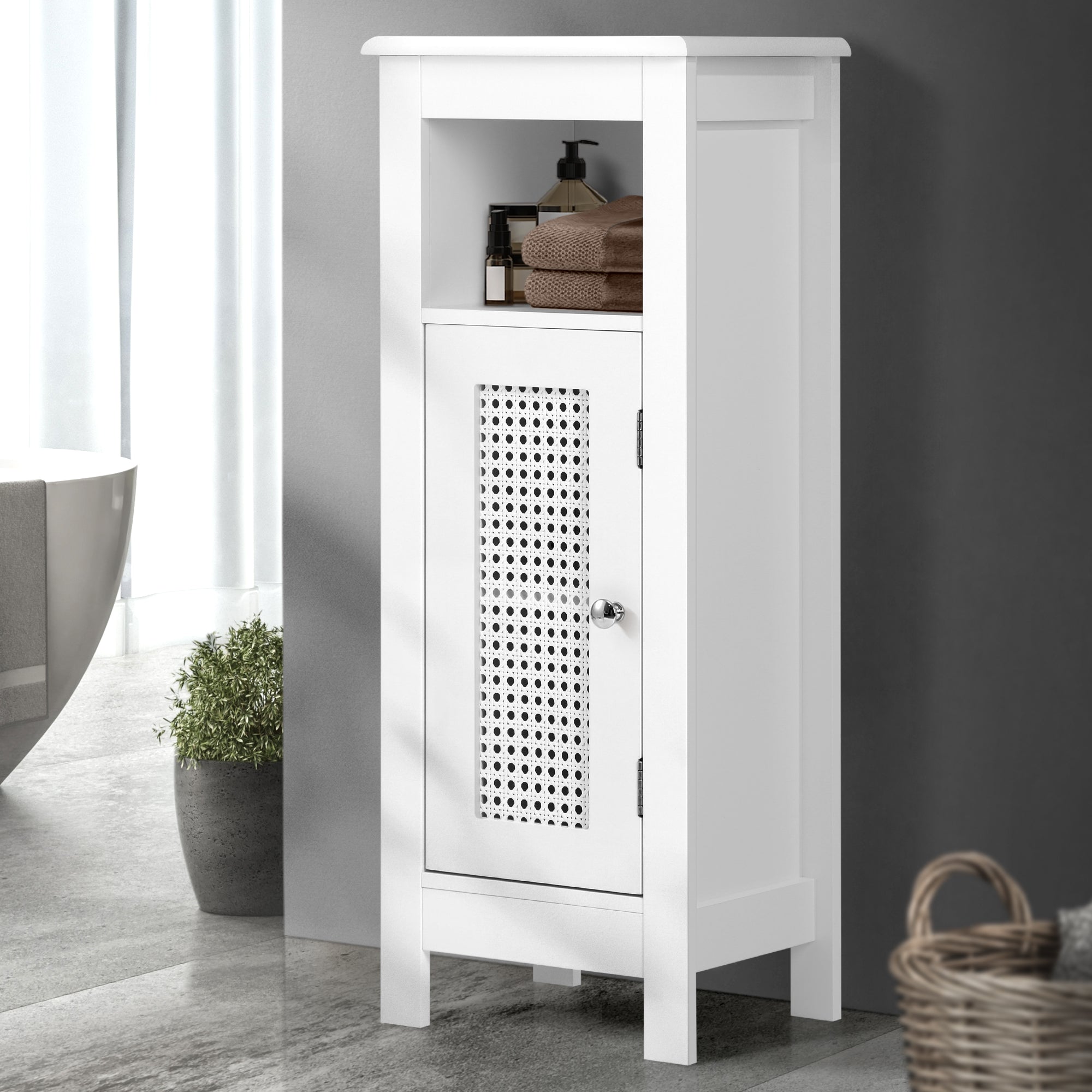 Oikiture Bathroom Cabinet Floor Cupboard Laundry Storage Rattan Door White - Sunyee