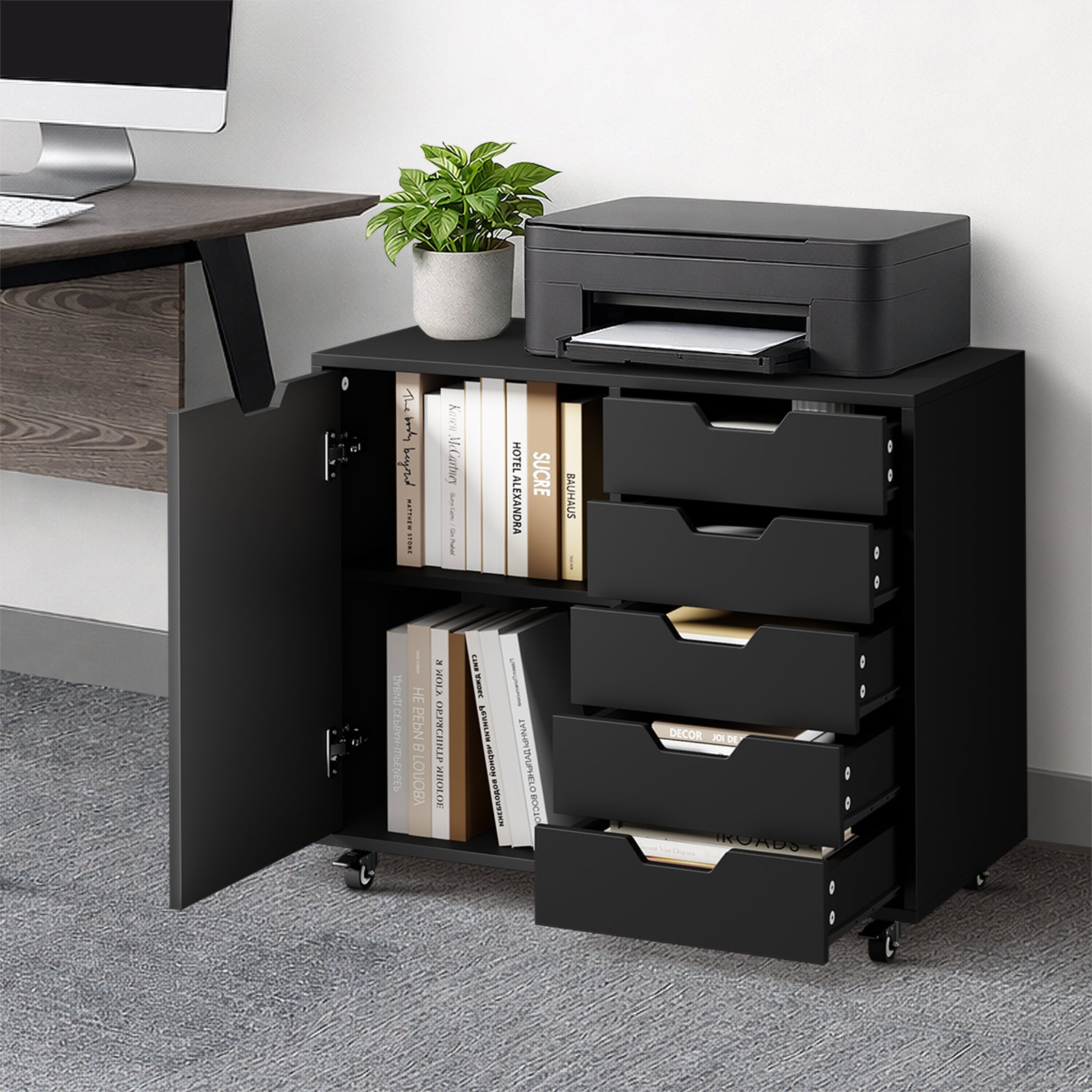 Oikiture Filing Cabinet 1 Door 5 Drawer Mobile Office Storage Cabinet Black - Sunyee