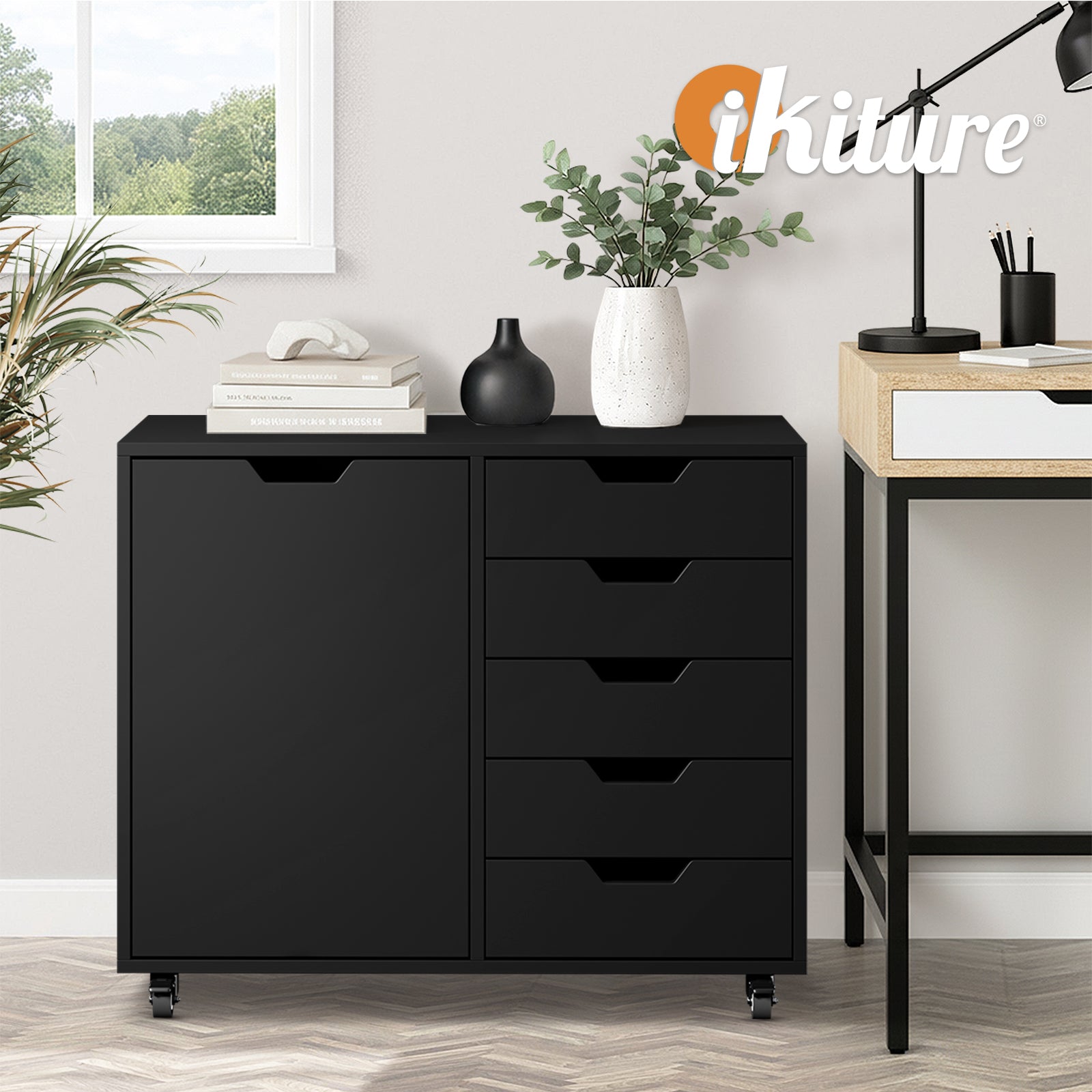 Oikiture Filing Cabinet 1 Door 5 Drawer Mobile Office Storage Cabinet Black - Sunyee