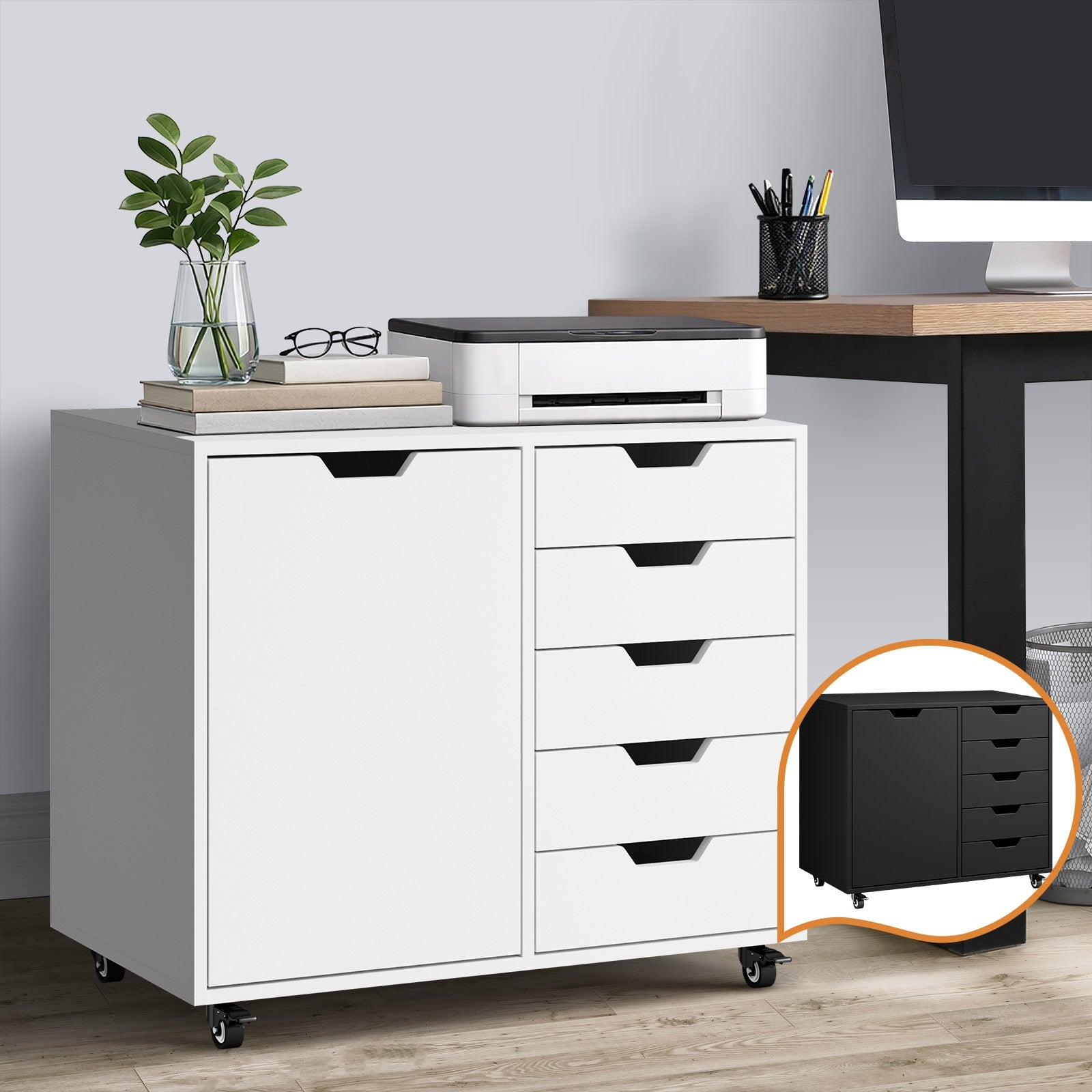 Oikiture Filing Cabinet 1 Door 5 Drawer Mobile Office Storage Cabinet - Sunyee