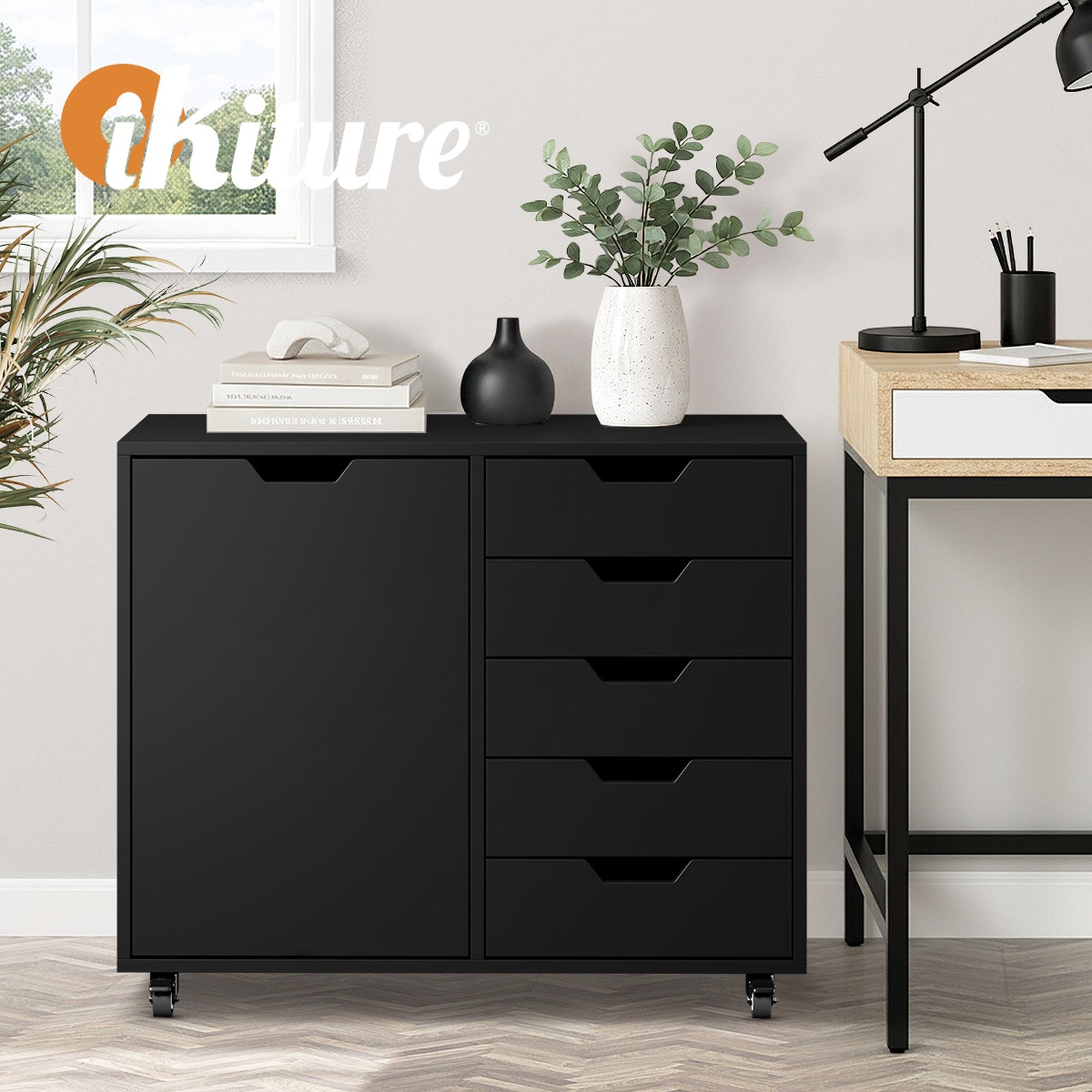 Oikiture Filing Cabinet 1 Door 5 Drawer Mobile Office Storage Cabinet - Sunyee