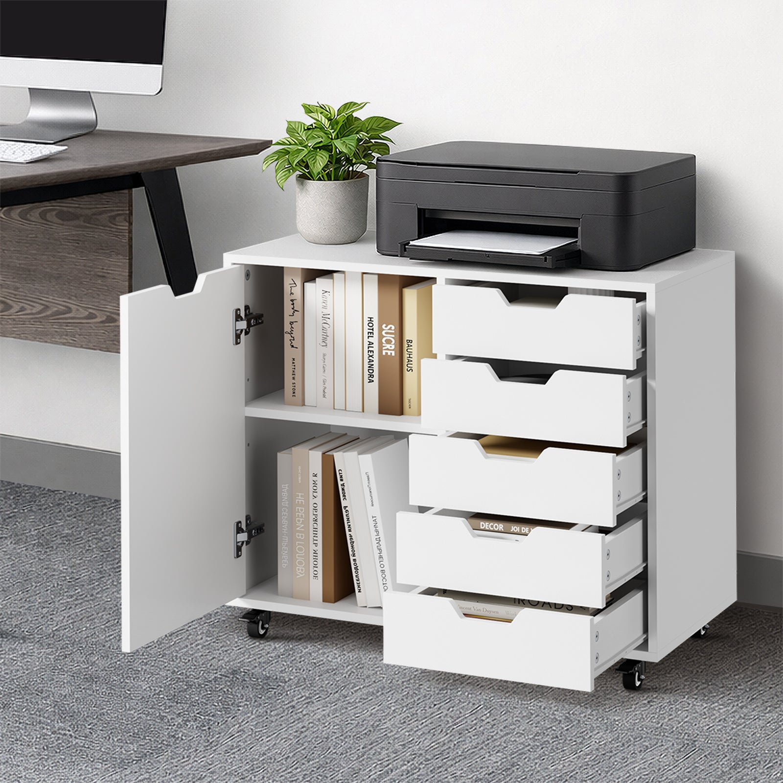 Oikiture Filing Cabinet 1 Door 5 Drawer Mobile Office Storage Cabinet White - Sunyee