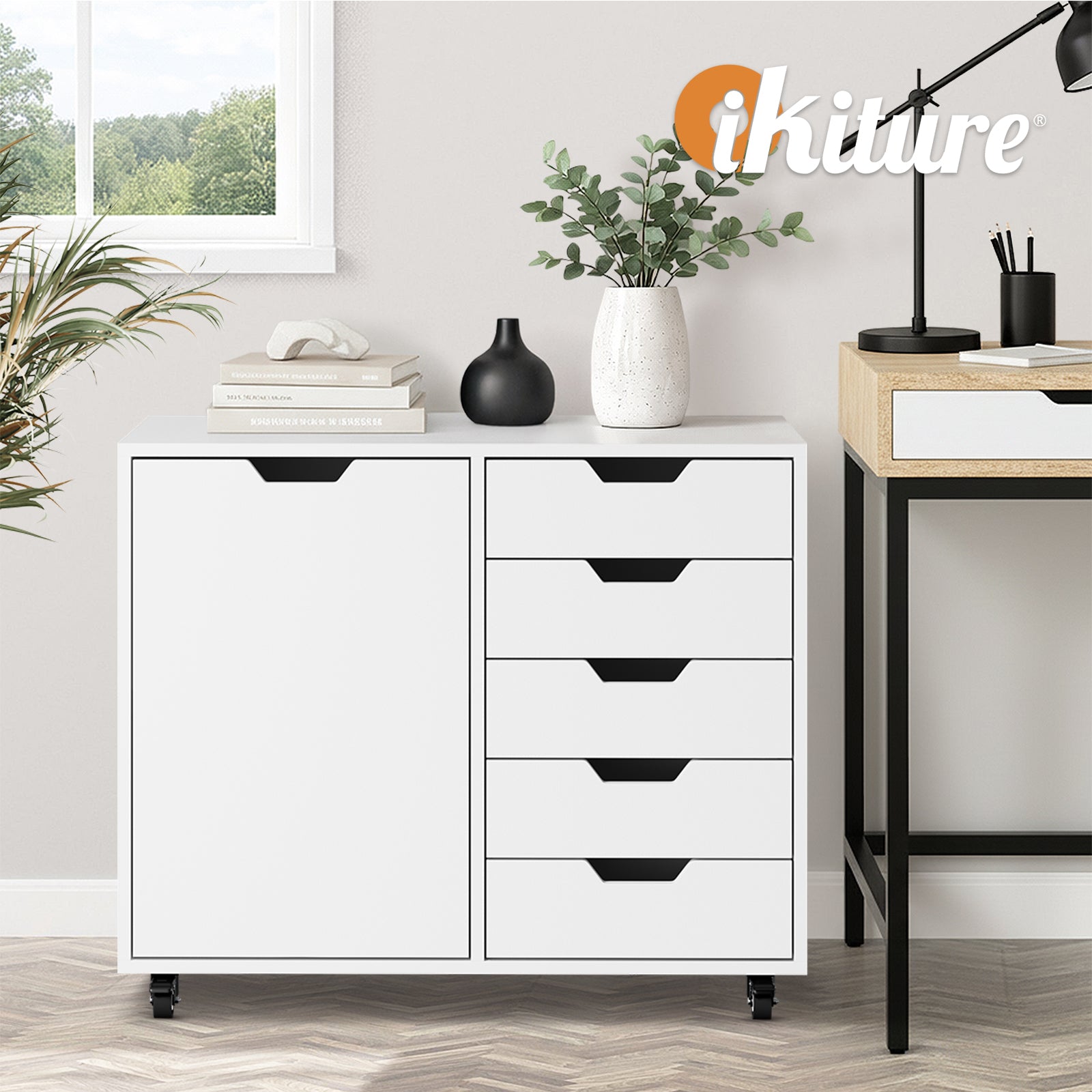 Oikiture Filing Cabinet 1 Door 5 Drawer Mobile Office Storage Cabinet White - Sunyee