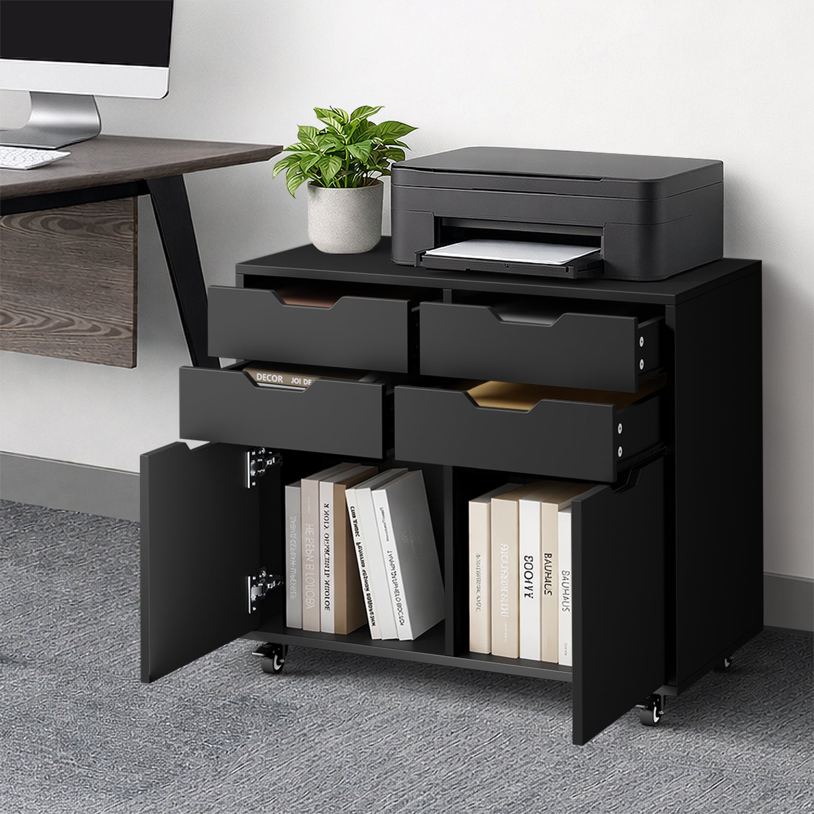 Oikiture Filing Cabinet 2 Door 4 Drawer Mobile Office Storage Cabinet Black - Sunyee