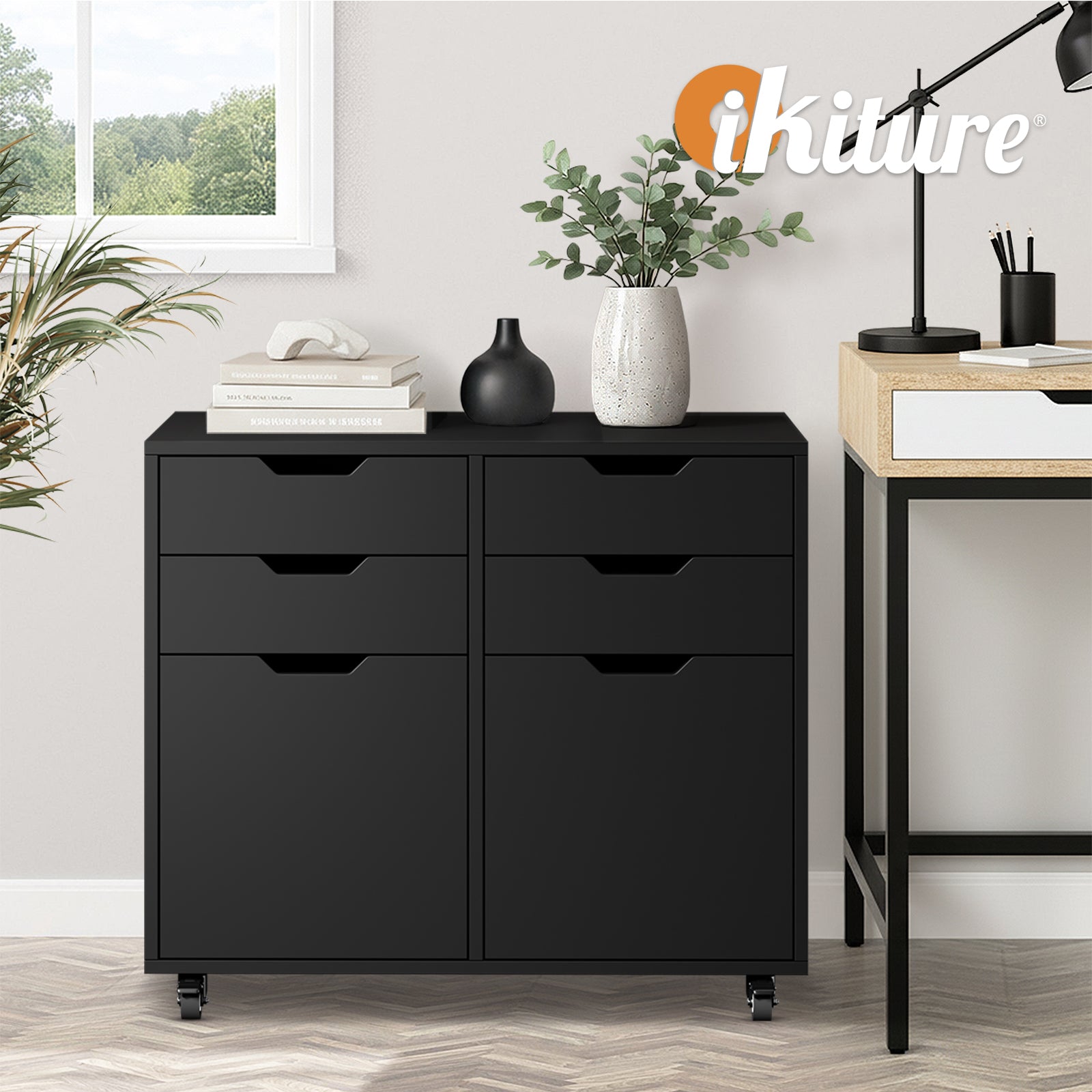 Oikiture Filing Cabinet 2 Door 4 Drawer Mobile Office Storage Cabinet Black - Sunyee