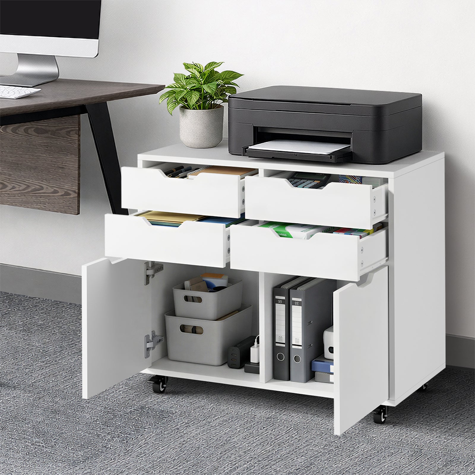 Oikiture Filing Cabinet 2 Door 4 Drawer Mobile Office Storage Cabinet White - Sunyee