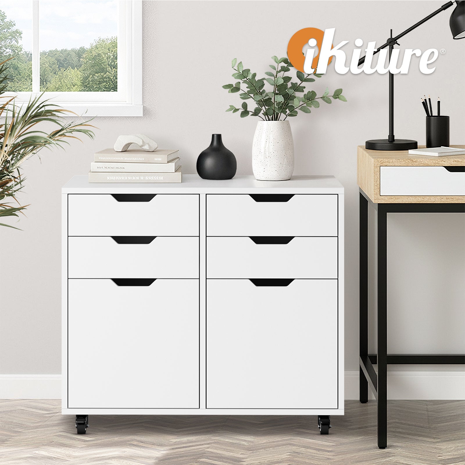 Oikiture Filing Cabinet 2 Door 4 Drawer Mobile Office Storage Cabinet White - Sunyee