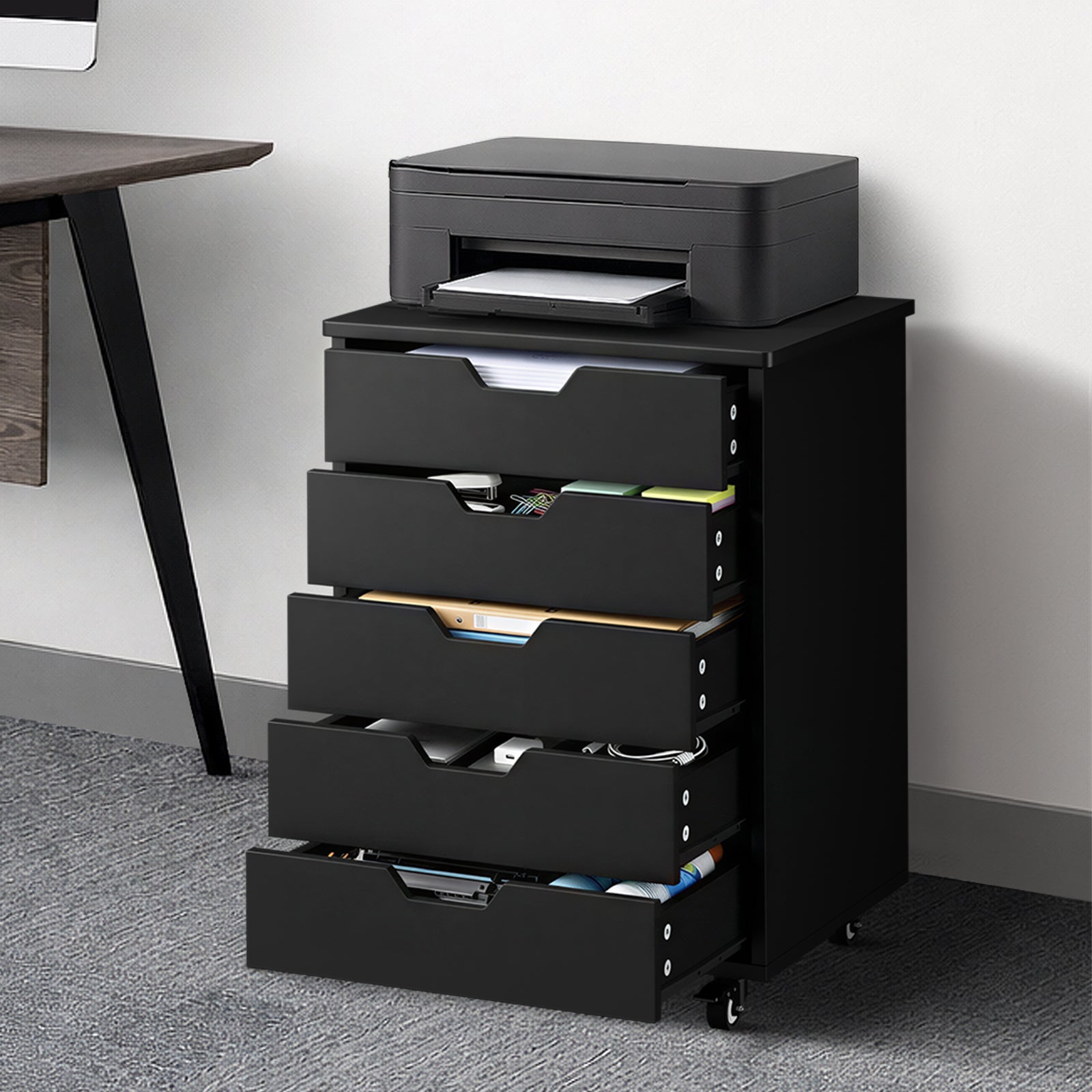 Oikiture 5 Drawer Mobile Filing Cabinet Storage Cabinet Home Office Black - Sunyee