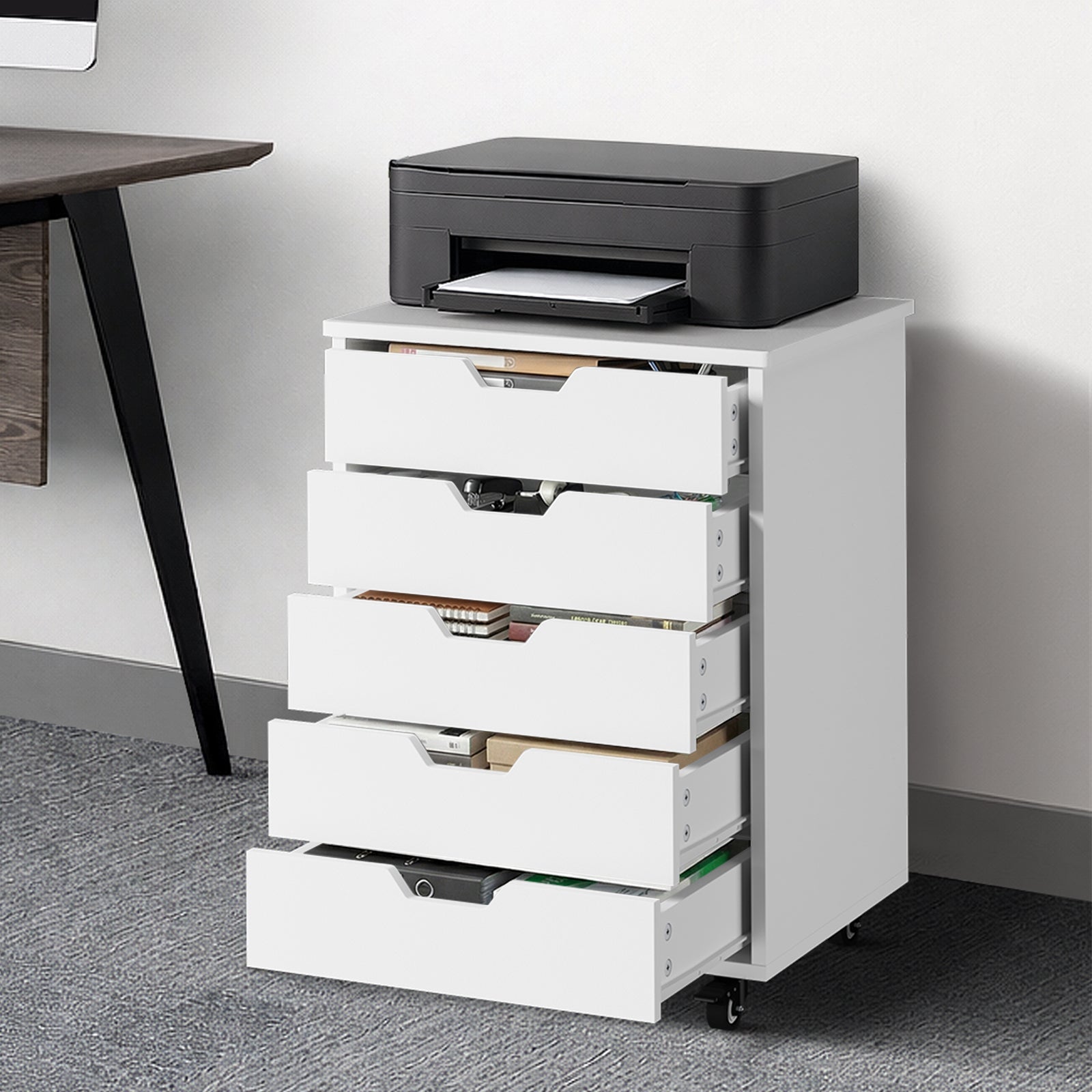 Oikiture 5 Drawer Mobile Filing Cabinet Storage Cabinet Home Office White - Sunyee