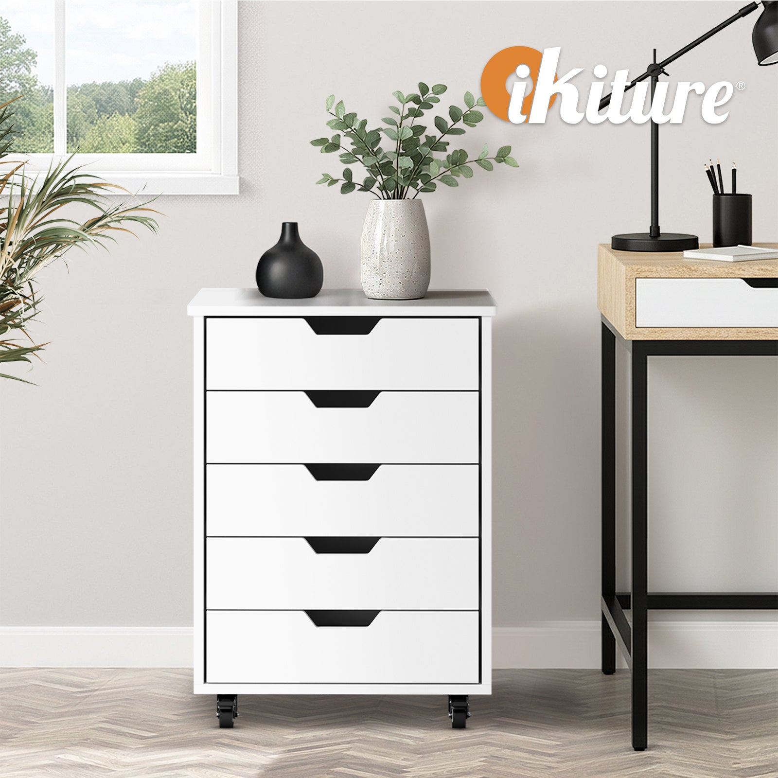Oikiture 5 Drawer Mobile Filing Cabinet Storage Cabinet Home Office White - Sunyee