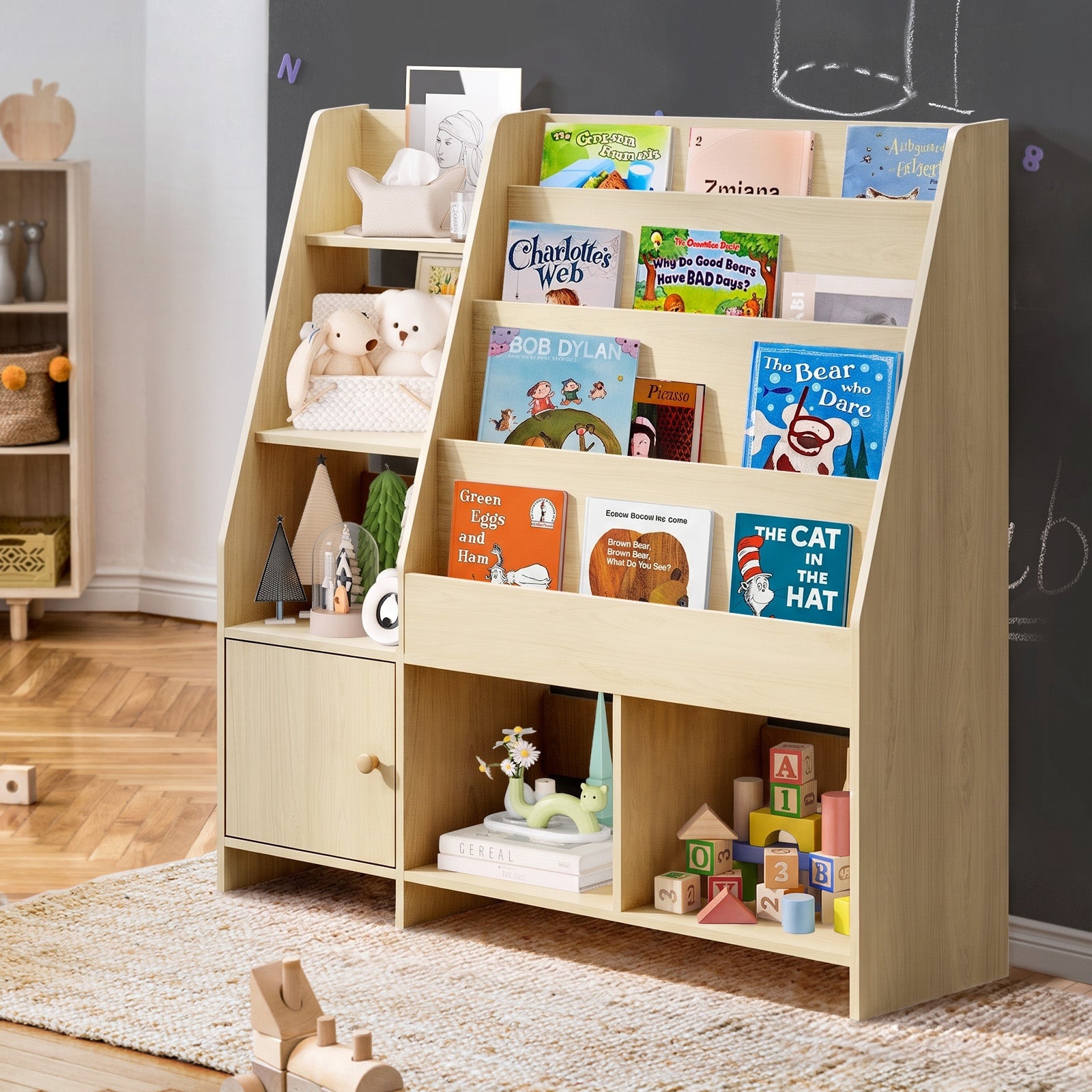 Oikiture Kids Bookshelf Organiser Toddler Toys Storage Magazine Rack Natural