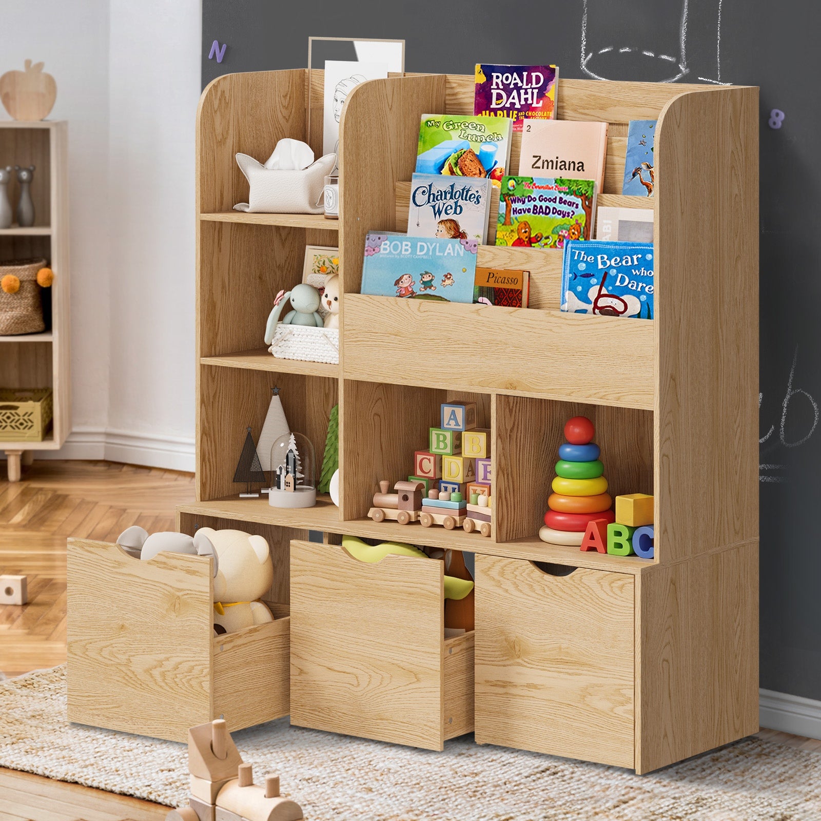 Oikiture Kids Bookcase Toy Organiser Cabinet Bookshelf with Chest Natural