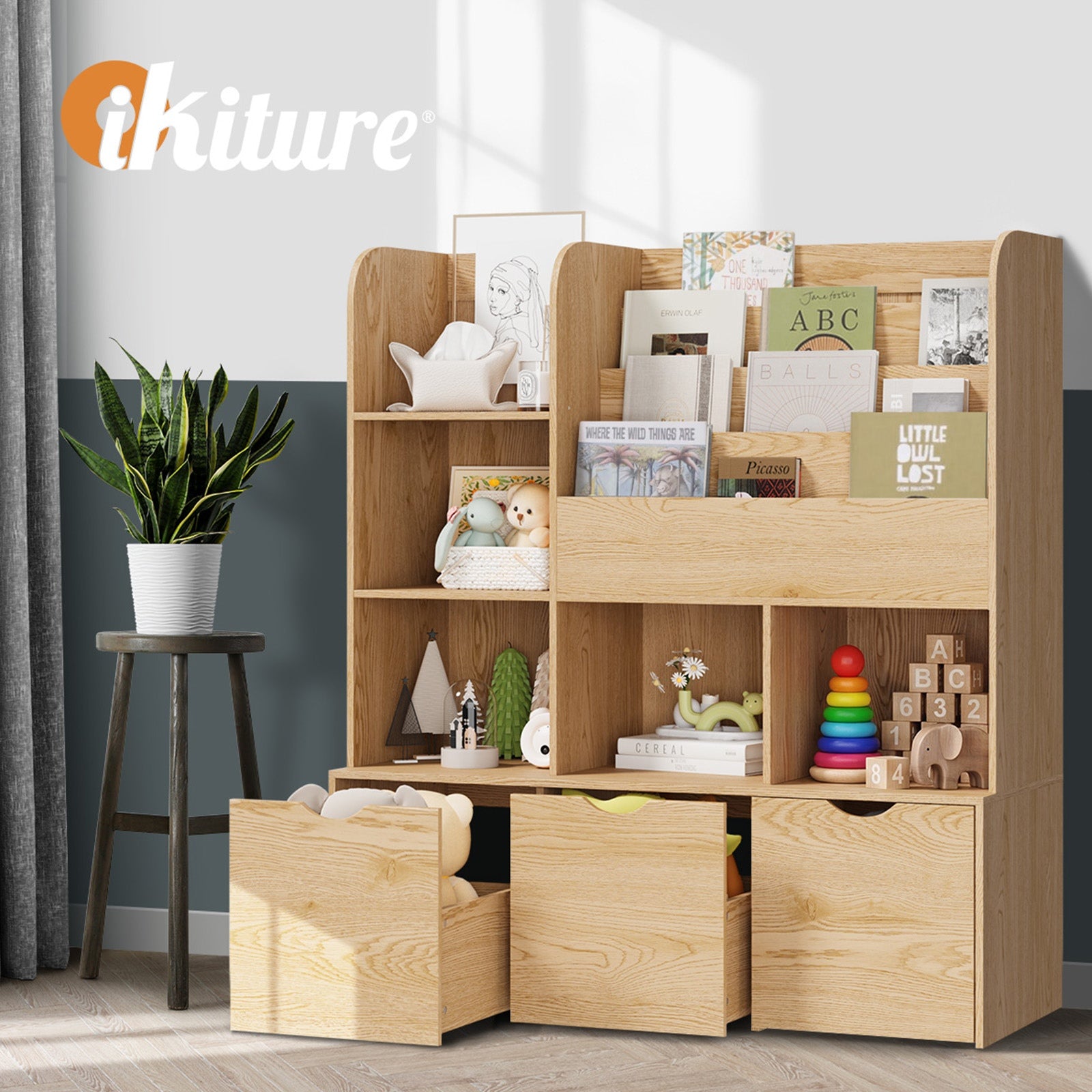 Oikiture Kids Bookcase Toy Organiser Cabinet Bookshelf with Chest Natural