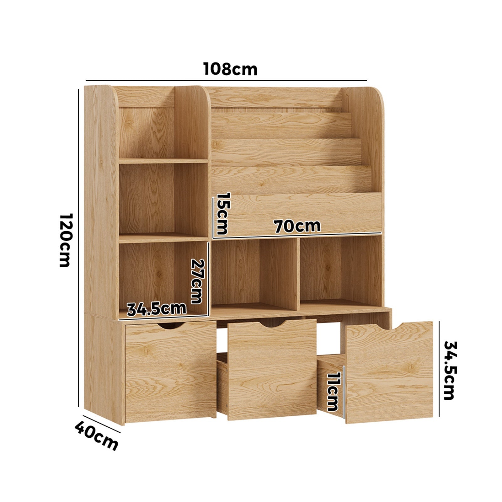 Oikiture Kids Bookcase Toy Organiser Cabinet Bookshelf with Chest Natural
