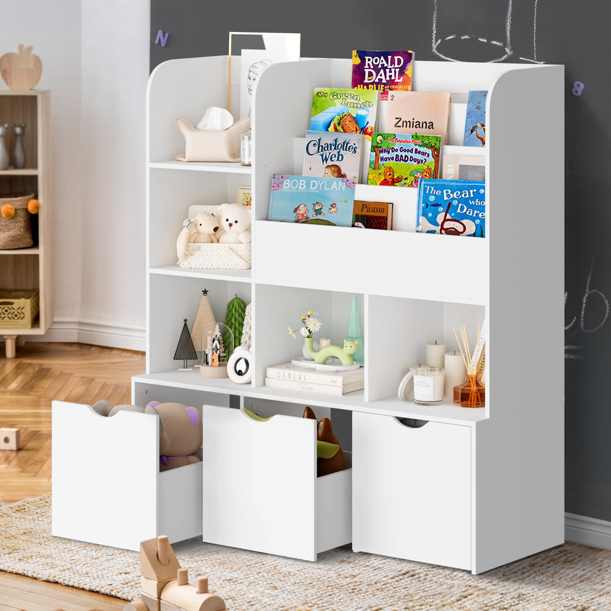 Oikiture Kids Bookcase Toy Organiser Cabinet Bookshelf With Chest Storage - Sunyee