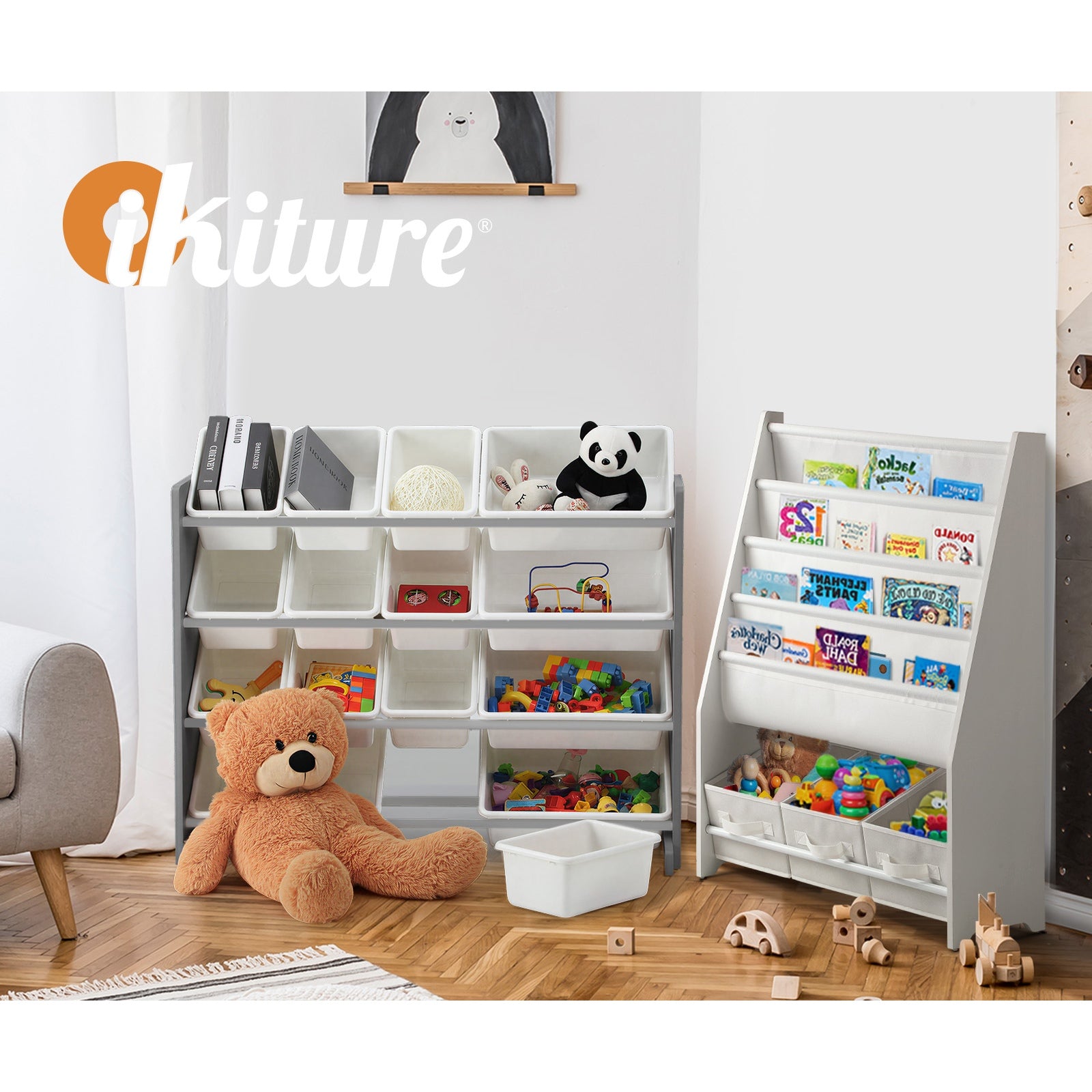 Oikiture Kids Toy Box Organiser 16 Bins Display Shelf Removable Drawer Grey - Sunyee