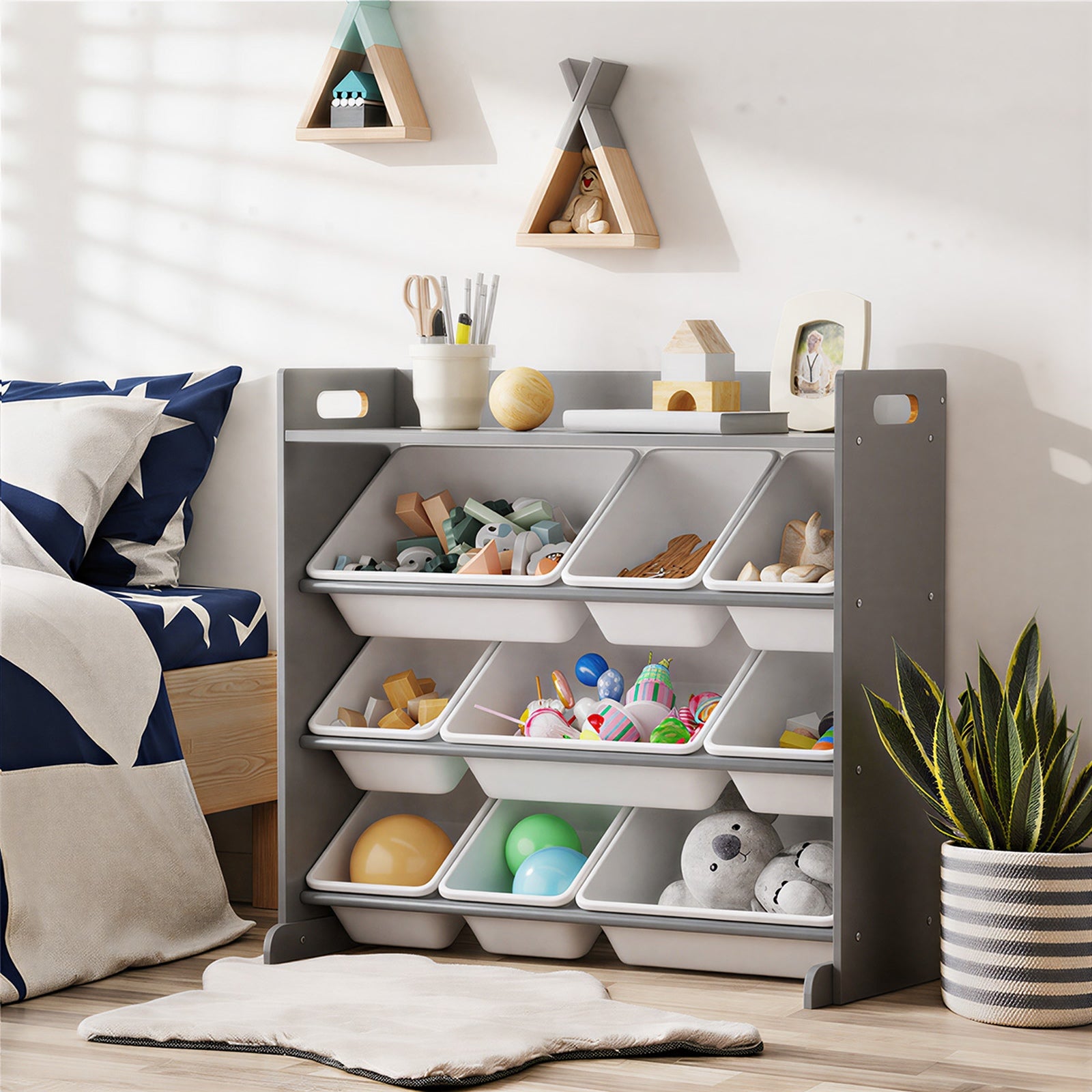 Oikiture 9 Bins Kids Toy Box Bookshelf Storage Organiser Display Shelf Grey - Sunyee