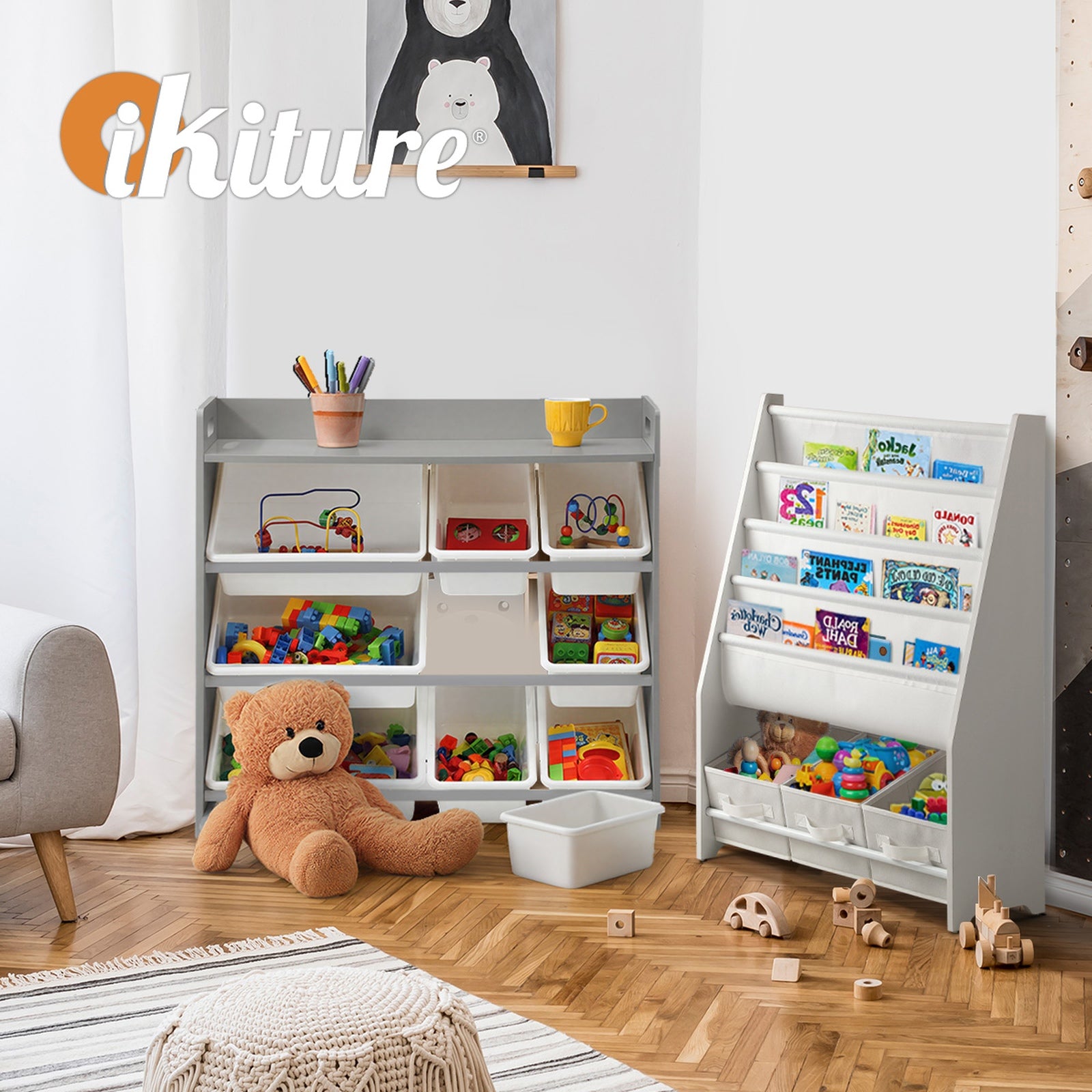 Oikiture 9 Bins Kids Toy Box Bookshelf Storage Organiser Display Shelf Grey - Sunyee