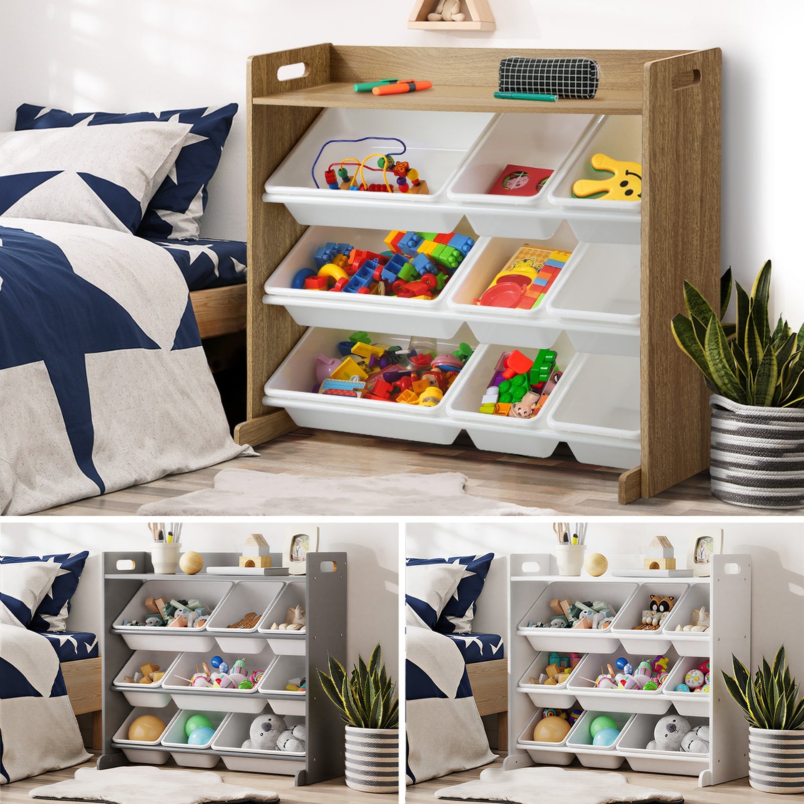 Oikiture 9 Bins Kids Toy Box Bookshelf Storage Organiser Display Shelf - Sunyee