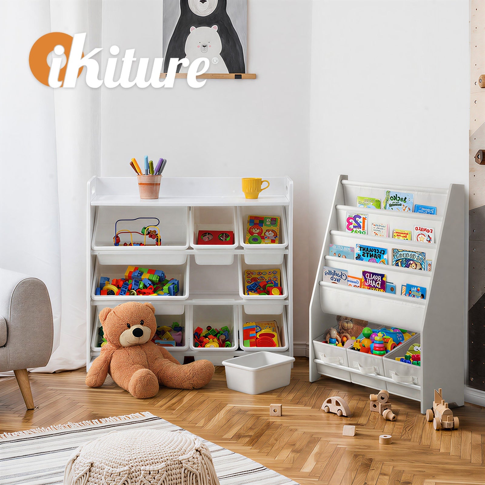 Oikiture 9 Bins Kids Toy Box Bookshelf Storage Organiser Display Shelf - Sunyee