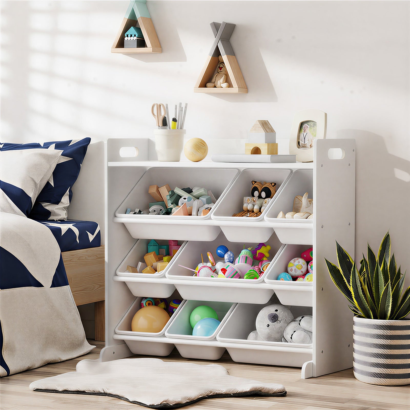 Oikiture 9 Bins Kids Toy Box Bookshelf Storage Organiser Display Shelf White - Sunyee