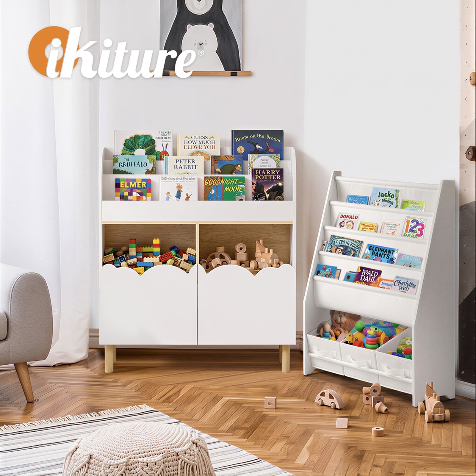 Oikiture Kids Storage Organiser Rack Toddler Bookshelf Toy Shelves White