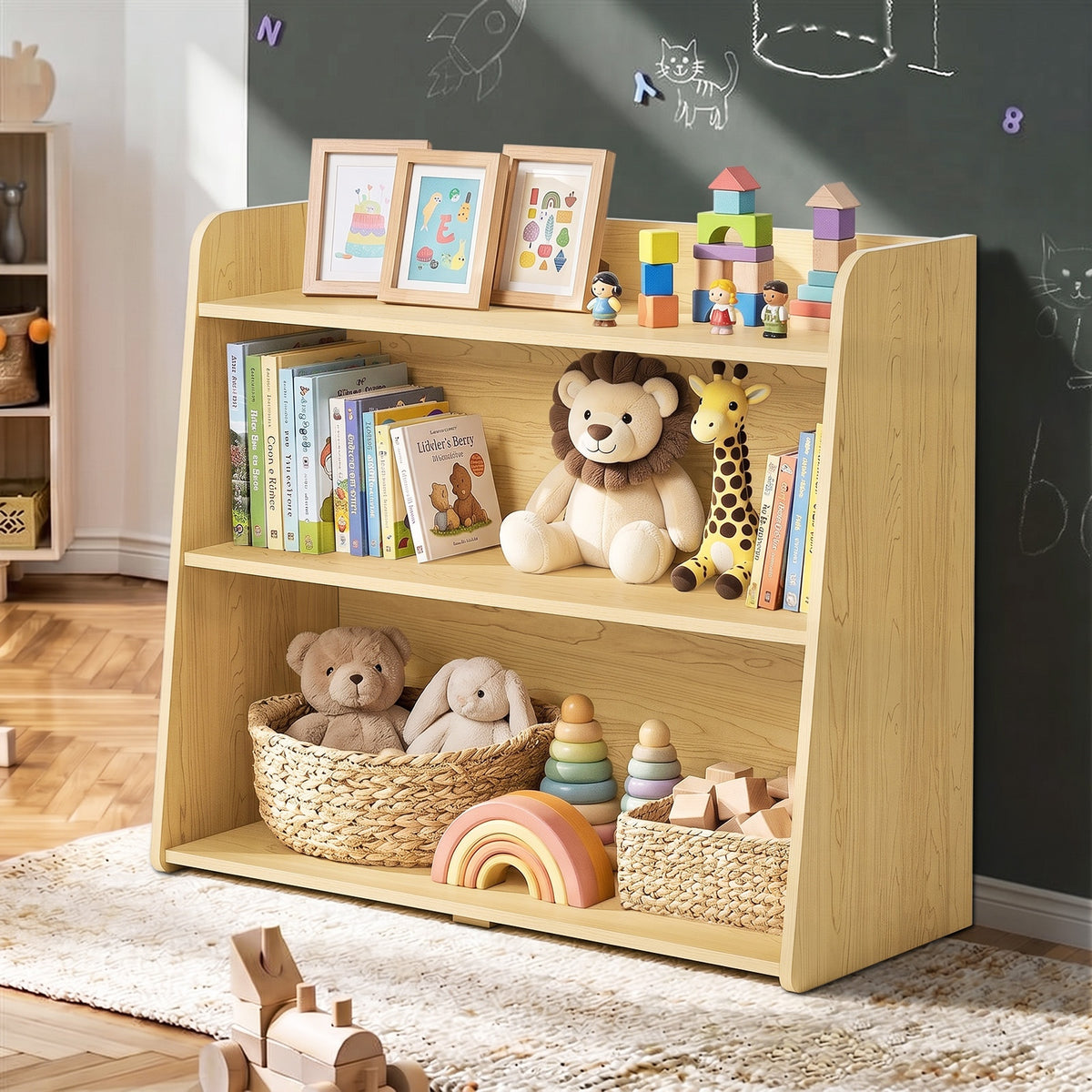 Oikiture Kids Storage Bookshelf Organiser 3 Tier Open Shelves Rack Natural - Sunyee