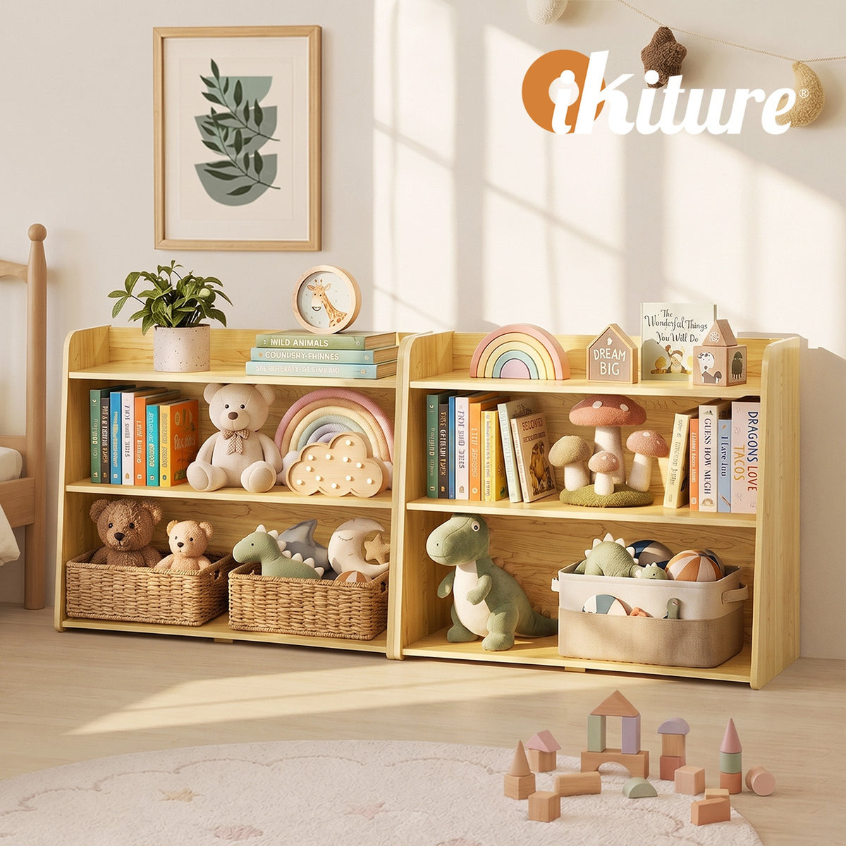Oikiture Kids Storage Bookshelf Organiser 3 Tier Open Shelves Rack Natural - Sunyee