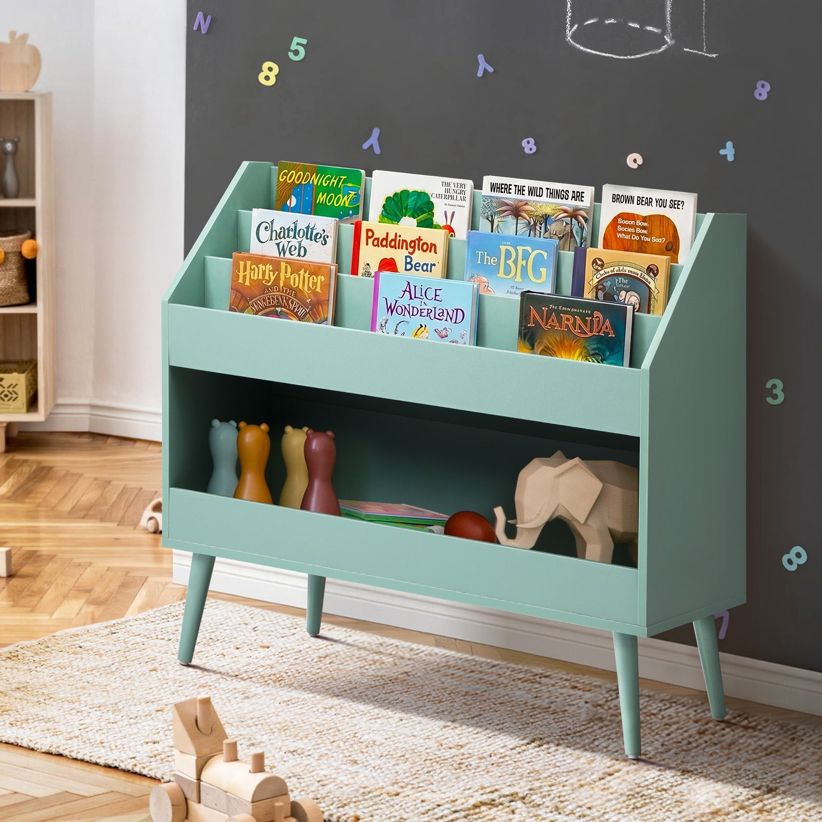 Oikiture Kids Bookshelf Children Bookcase Organiser Toy Storage Shelf Green