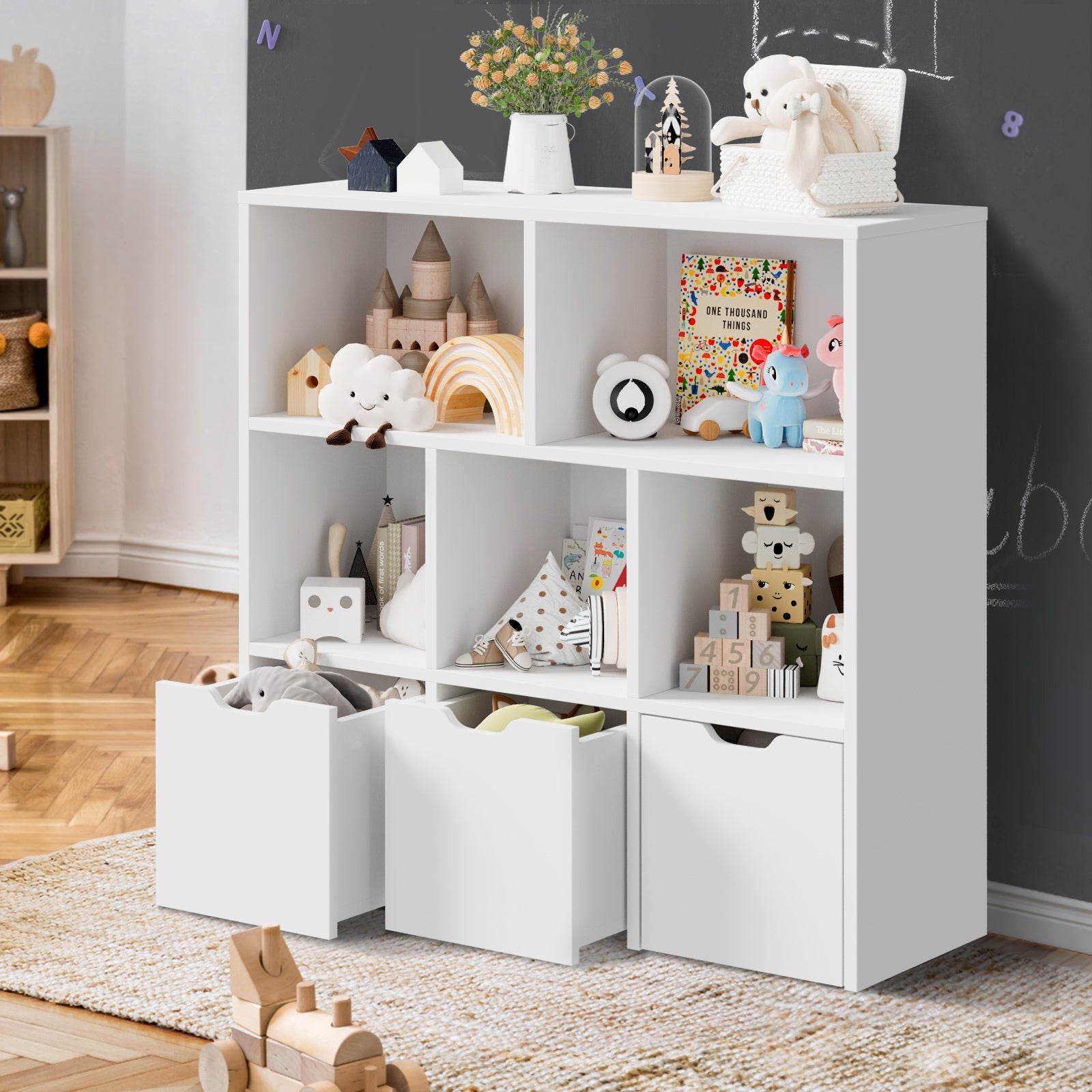 Oikiture Kids Bookcase Toy Organiser Cabinet With Removable Box Storage White - Sunyee