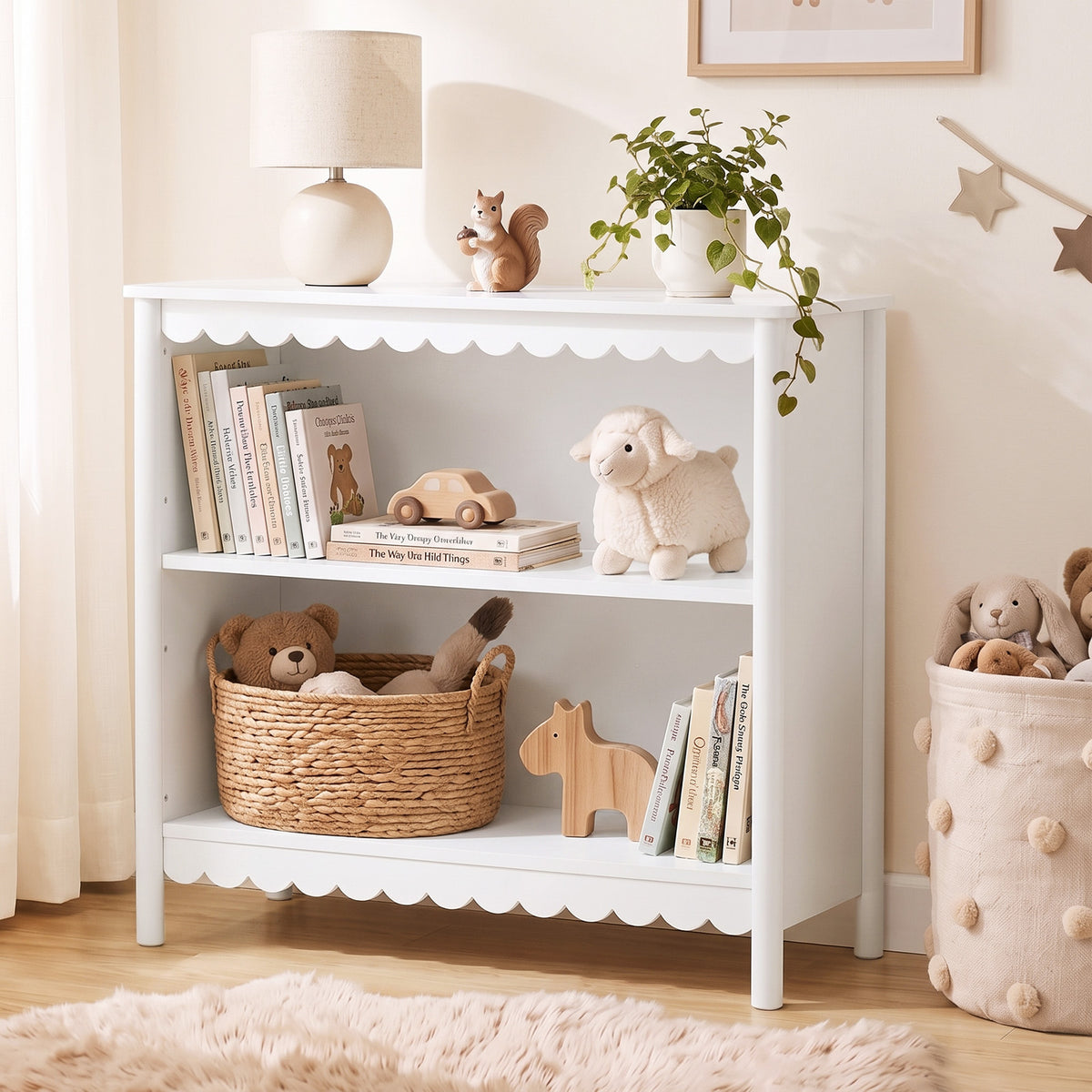 Oikiture Kids Storage Bookshelf 2 Tier Display Shelf Scalloped Edge White