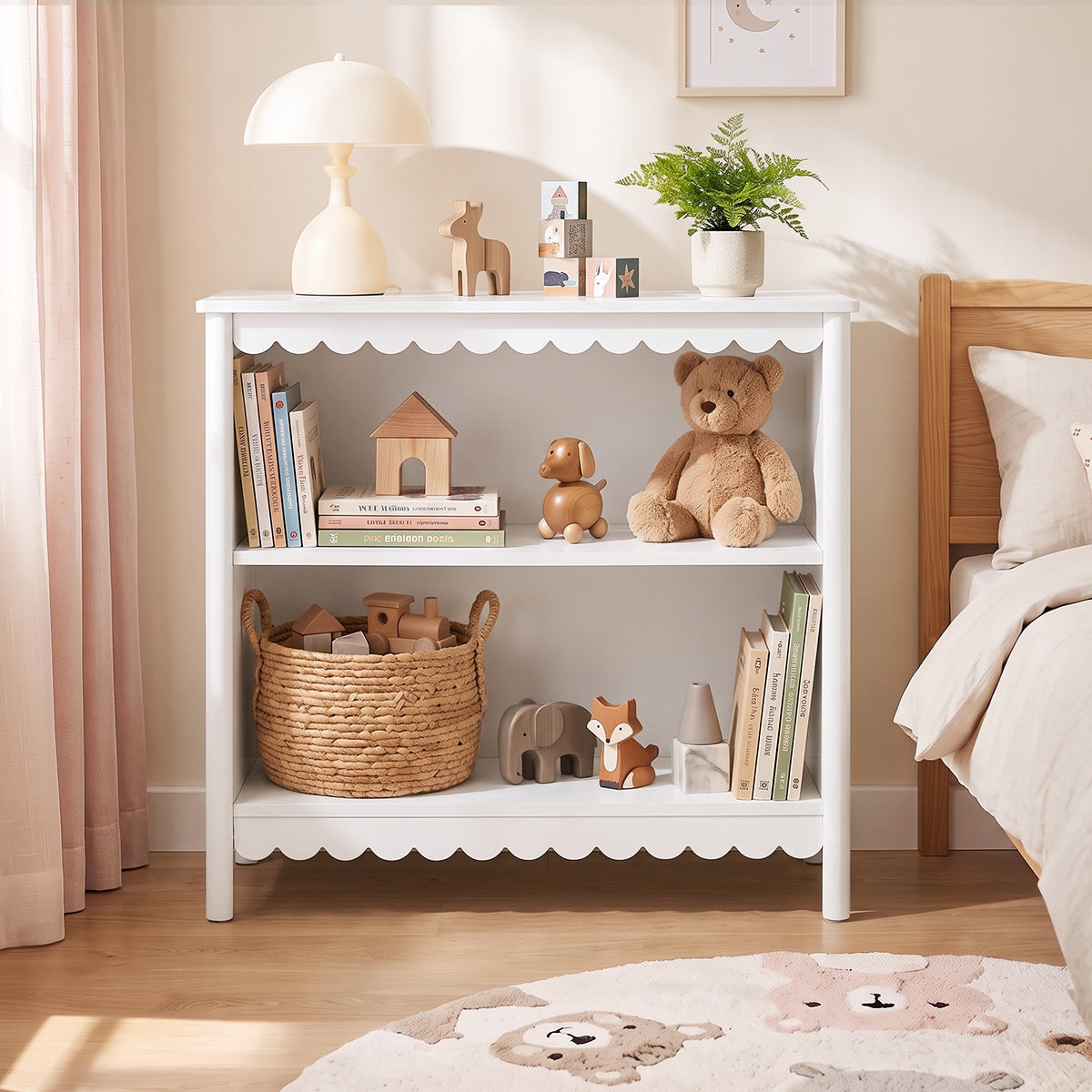 Oikiture Kids Storage Bookshelf 2 Tier Display Shelf Scalloped Edge White